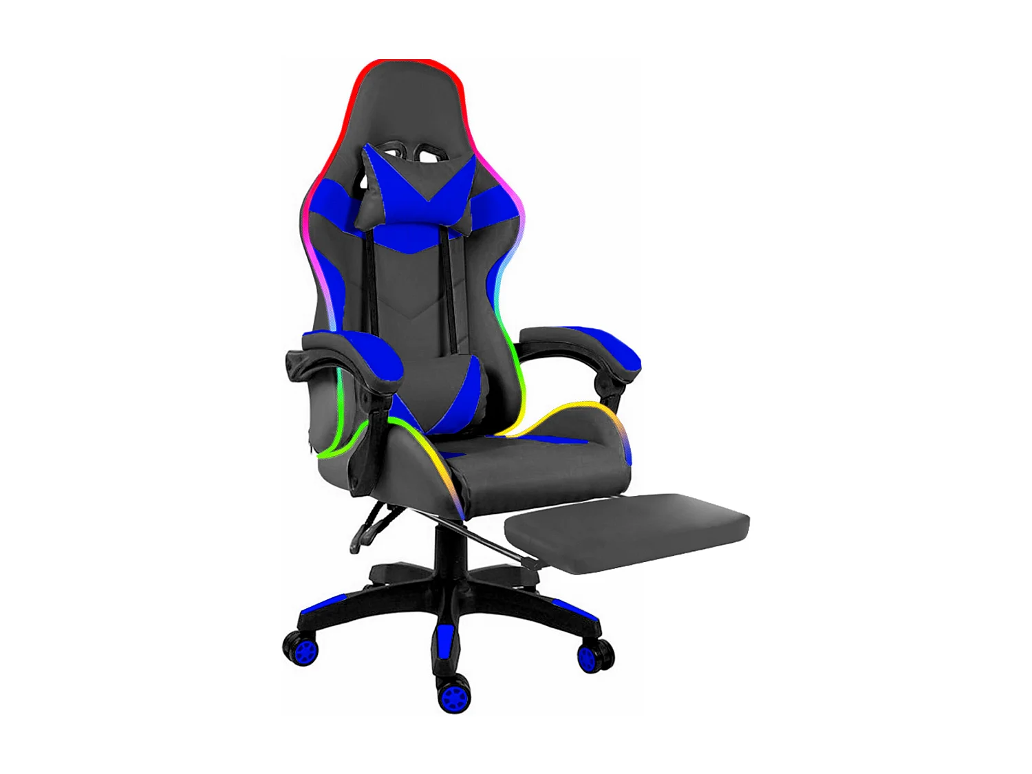 Sedia Gaming Con LED RGB Telecomando Poltrona Ufficio Scrivania Casa PC Racing Girevole Ergonomica Ecopelle Cuscino Lombare Poggiapiedi Nero Blu