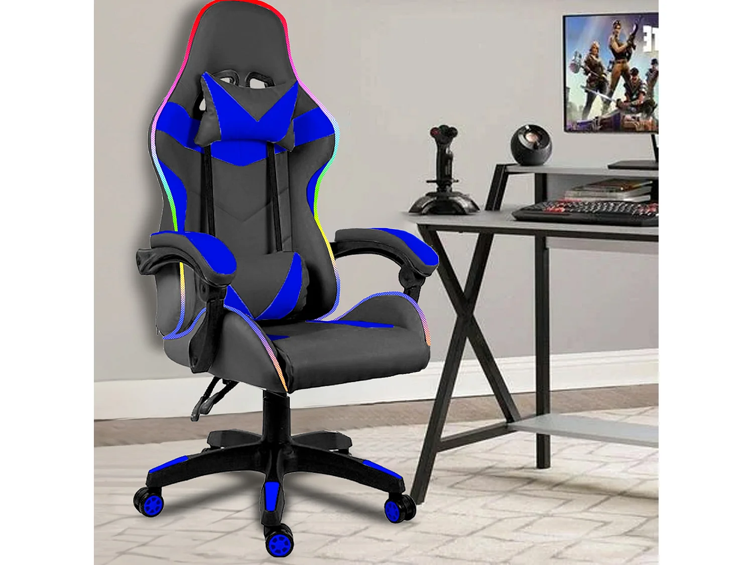 Sedia Gaming Con LED RGB Telecomando Poltrona Ufficio Scrivania Casa PC Racing Girevole Ergonomica Ecopelle Cuscino Lombare Poggiapiedi Nero Blu