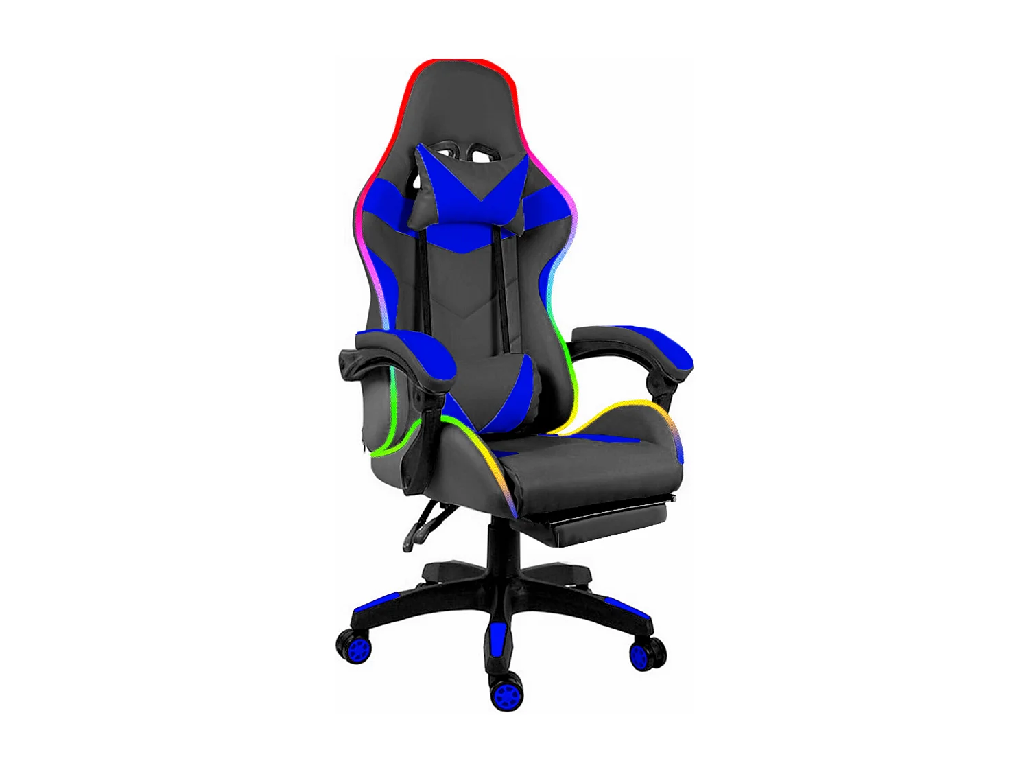 Sedia Gaming Con LED RGB Telecomando Poltrona Ufficio Scrivania Casa PC Racing Girevole Ergonomica Ecopelle Cuscino Lombare Poggiapiedi Nero Blu