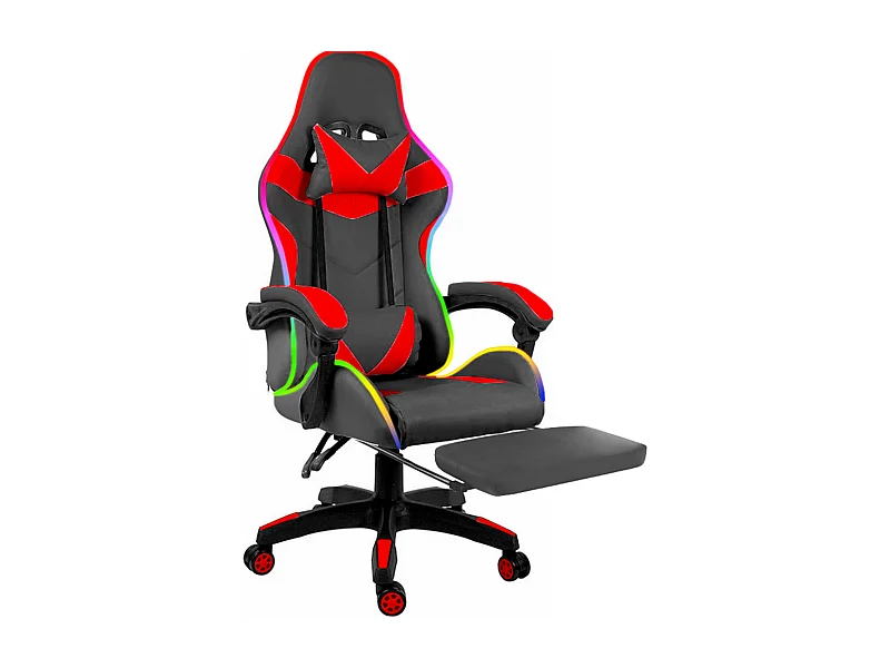 Sedia Gaming Con LED RGB Telecomando Poltrona Ufficio Scrivania Casa PC Racing Girevole Ergonomica Ecopelle Cuscino Lombare Poggiapiedi Nero Rosso