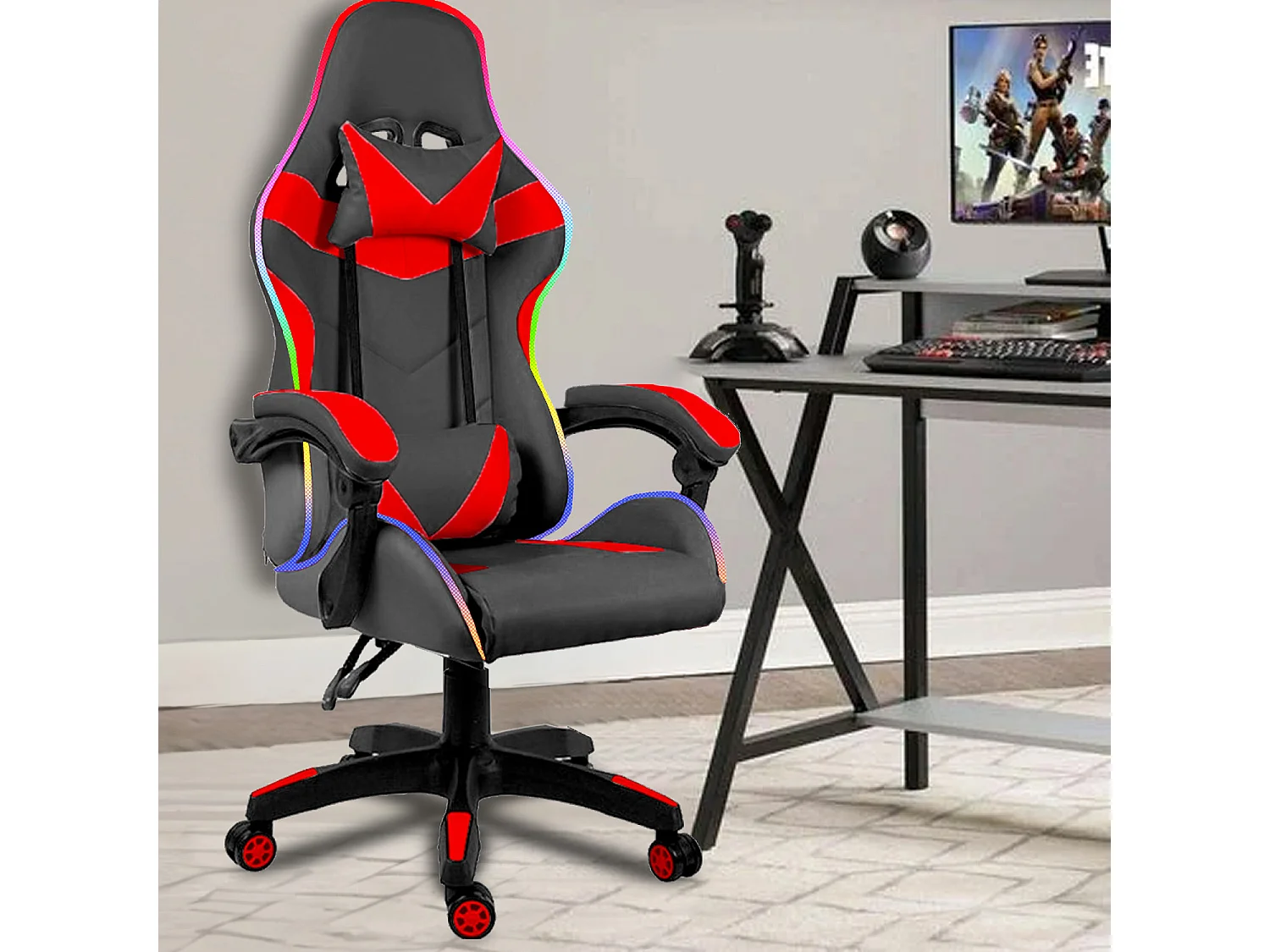 Sedia Gaming Con LED RGB Telecomando Poltrona Ufficio Scrivania Casa PC Racing Girevole Ergonomica Ecopelle Cuscino Lombare Poggiapiedi Nero Rosso