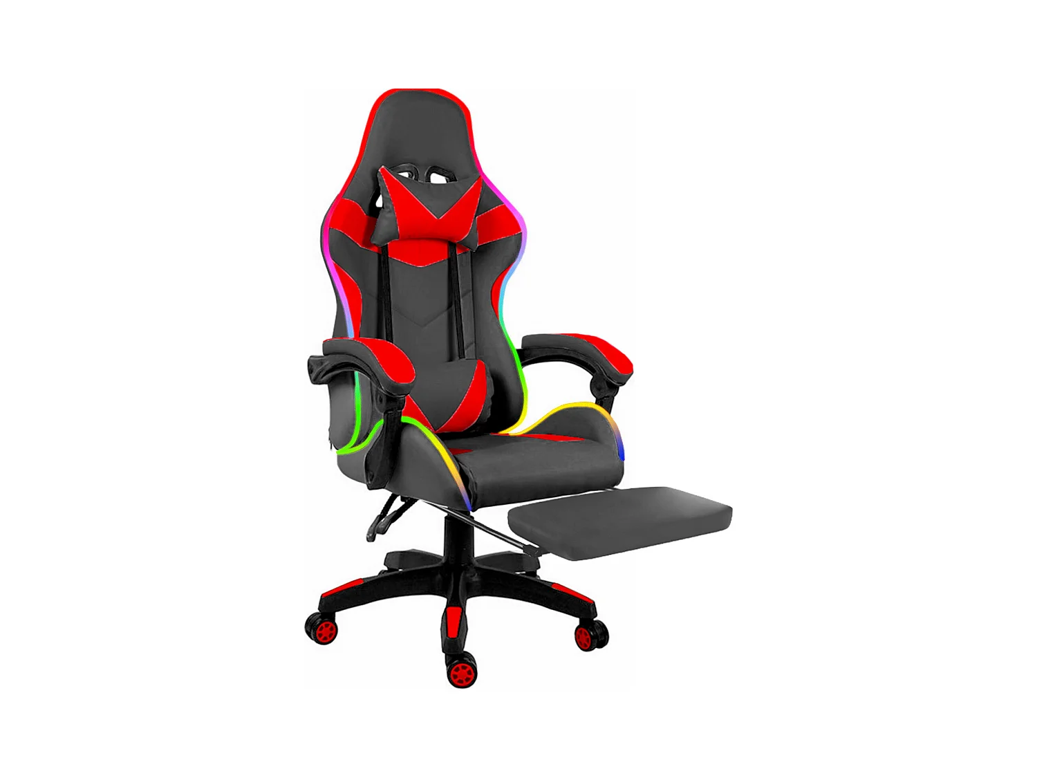 Sedia Gaming Con LED RGB Telecomando Poltrona Ufficio Scrivania Casa PC Racing Girevole Ergonomica Ecopelle Cuscino Lombare Poggiapiedi Nero Rosso
