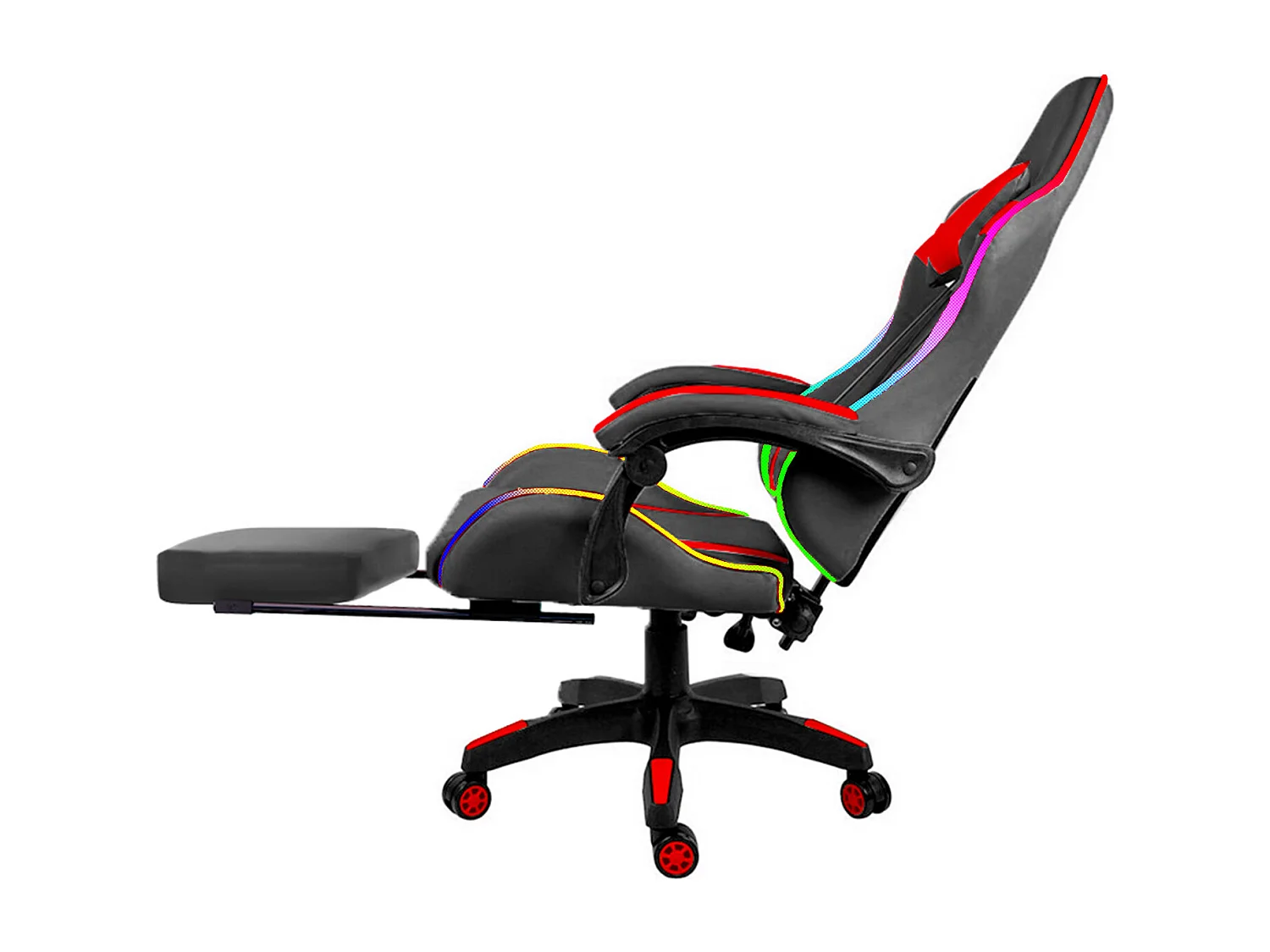 Sedia Gaming Con LED RGB Telecomando Poltrona Ufficio Scrivania Casa PC Racing Girevole Ergonomica Ecopelle Cuscino Lombare Poggiapiedi Nero Rosso