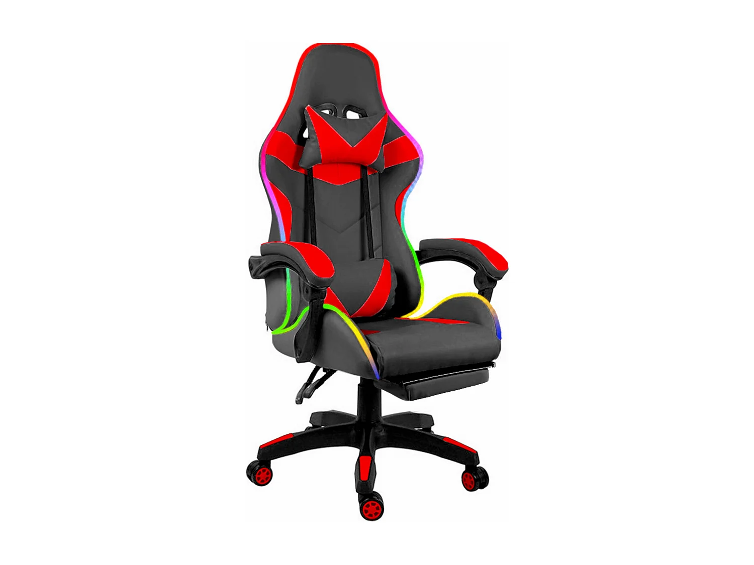 Sedia Gaming Con LED RGB Telecomando Poltrona Ufficio Scrivania Casa PC Racing Girevole Ergonomica Ecopelle Cuscino Lombare Poggiapiedi Nero Rosso