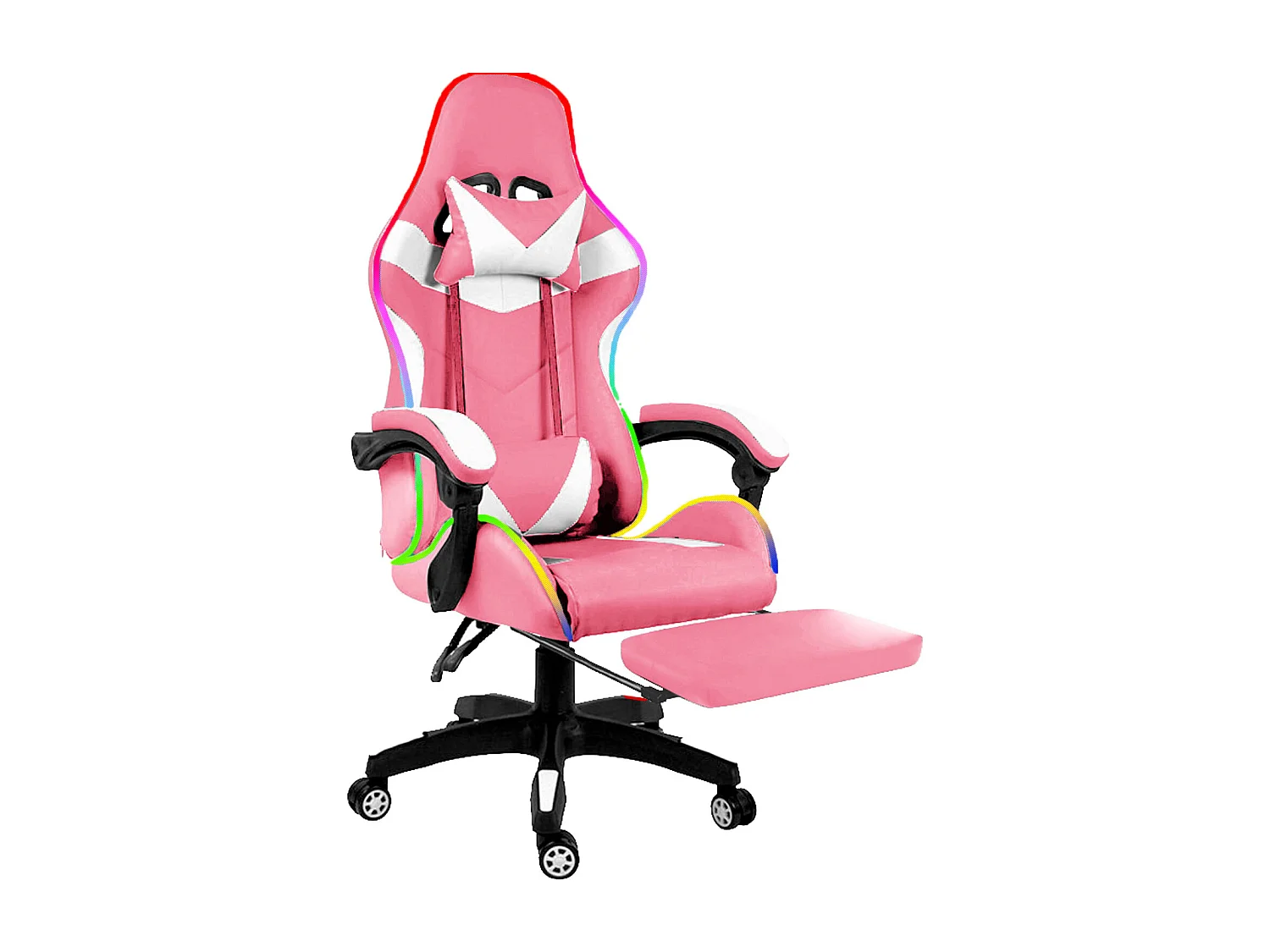 Sedia Gaming Con LED RGB Telecomando Poltrona Ufficio Scrivania Casa PC Racing Girevole Ergonomica Ecopelle Cuscino Lombare Poggiapiedi Rosa E Bianco