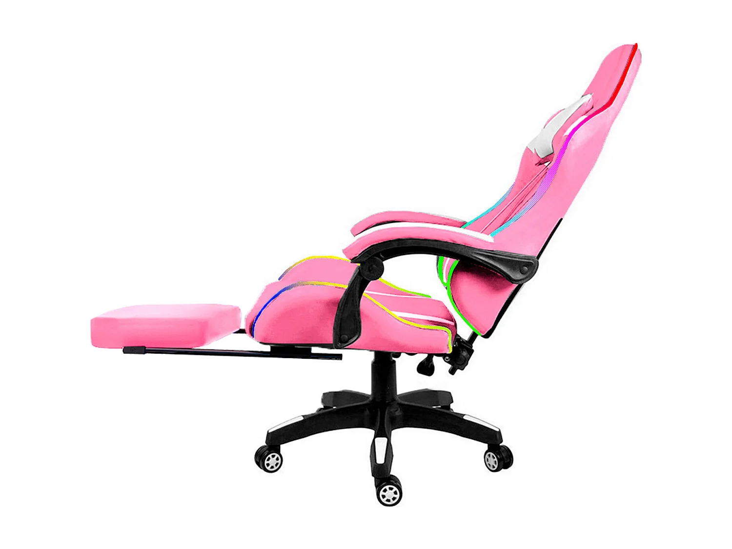 Sedia Gaming Con LED RGB Telecomando Poltrona Ufficio Scrivania Casa PC Racing Girevole Ergonomica Ecopelle Cuscino Lombare Poggiapiedi Rosa E Bianco