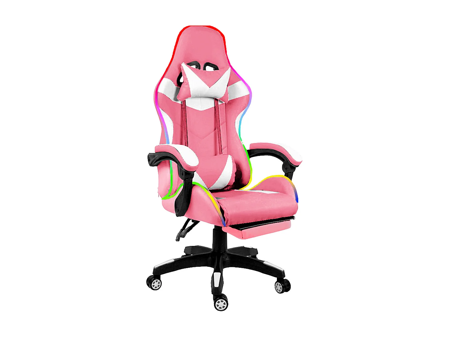 Sedia Gaming Con LED RGB Telecomando Poltrona Ufficio Scrivania Casa PC Racing Girevole Ergonomica Ecopelle Cuscino Lombare Poggiapiedi Rosa E Bianco