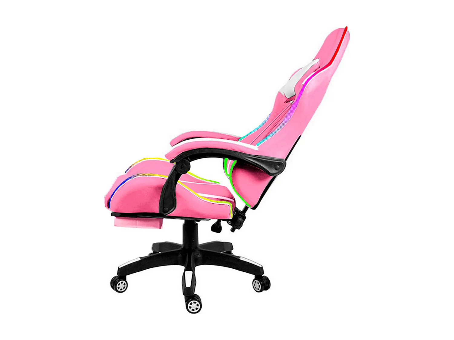 Sedia Gaming Con LED RGB Telecomando Poltrona Ufficio Scrivania Casa PC Racing Girevole Ergonomica Ecopelle Cuscino Lombare Poggiapiedi Rosa E Bianco