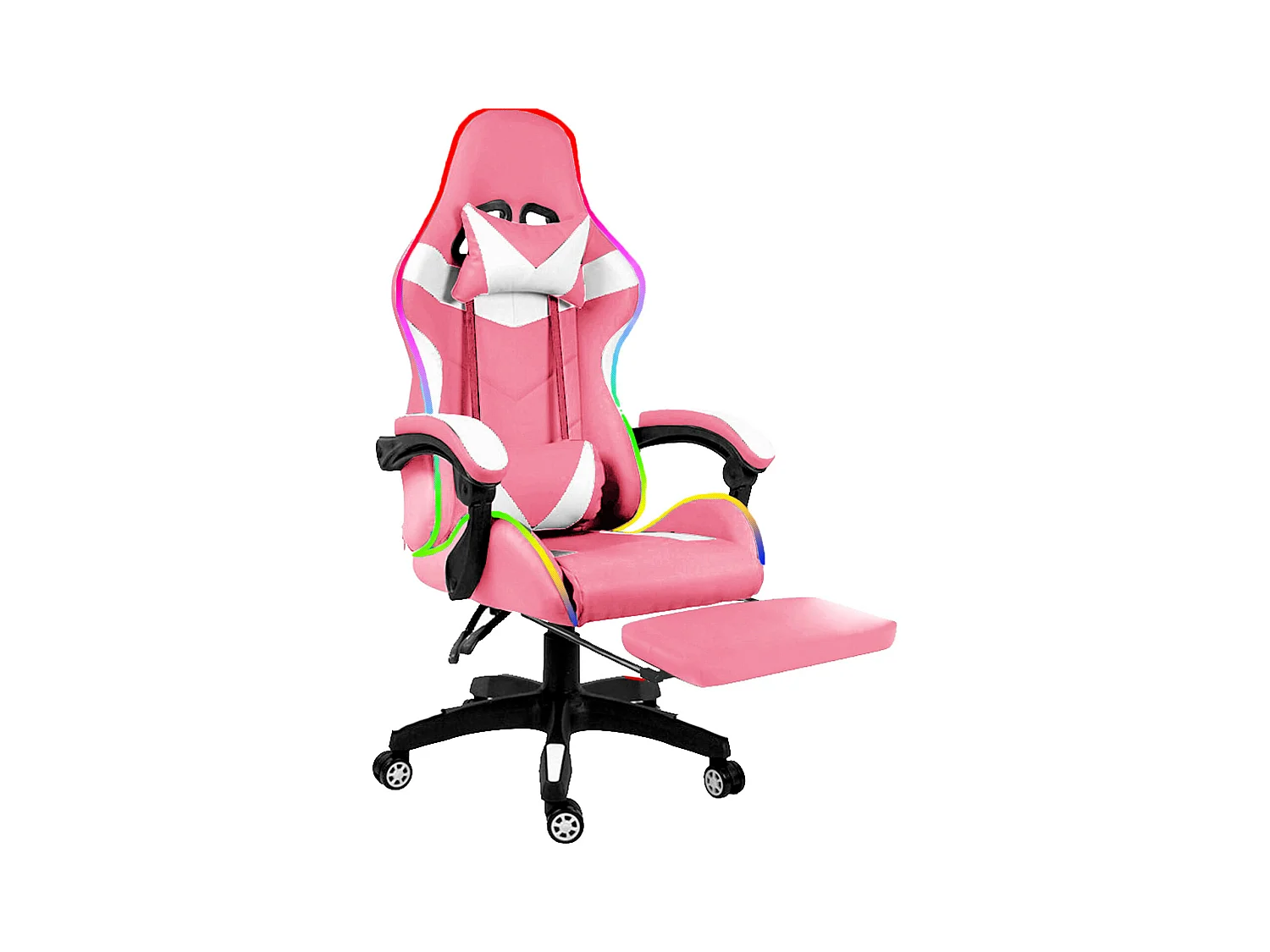 Sedia Gaming Con LED RGB Telecomando Poltrona Ufficio Scrivania Casa PC Racing Girevole Ergonomica Ecopelle Cuscino Lombare Poggiapiedi Rosa E Bianco