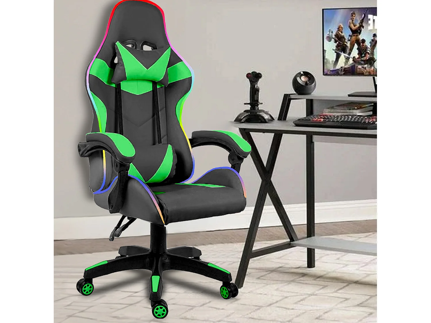 Sedia Gaming Con LED RGB Telecomando Poltrona Ufficio Scrivania Casa PC Racing Girevole Ergonomica Ecopelle Cuscino Lombare Poggiapiedi Nero Verde
