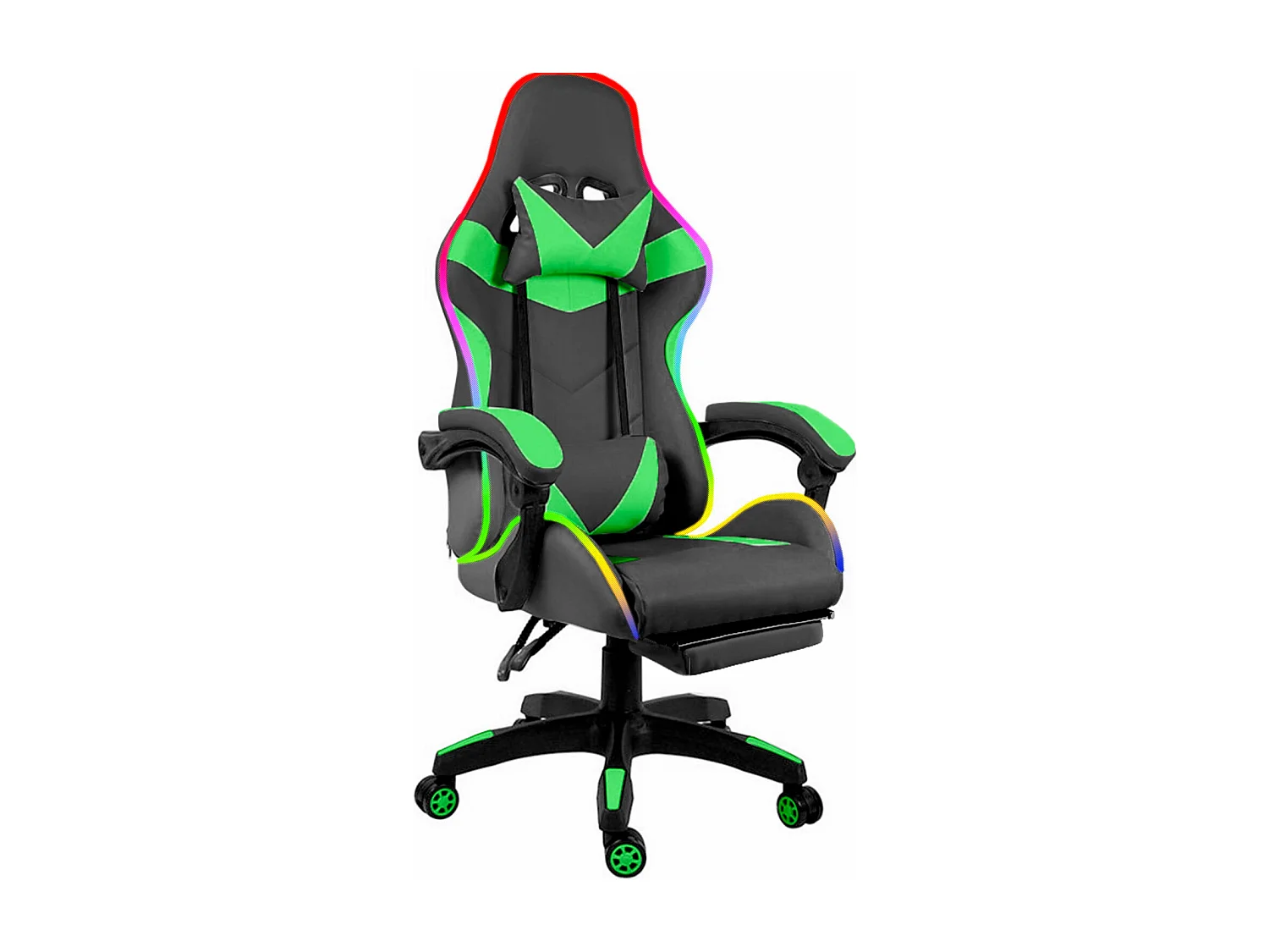 Sedia Gaming Con LED RGB Telecomando Poltrona Ufficio Scrivania Casa PC Racing Girevole Ergonomica Ecopelle Cuscino Lombare Poggiapiedi Nero Verde