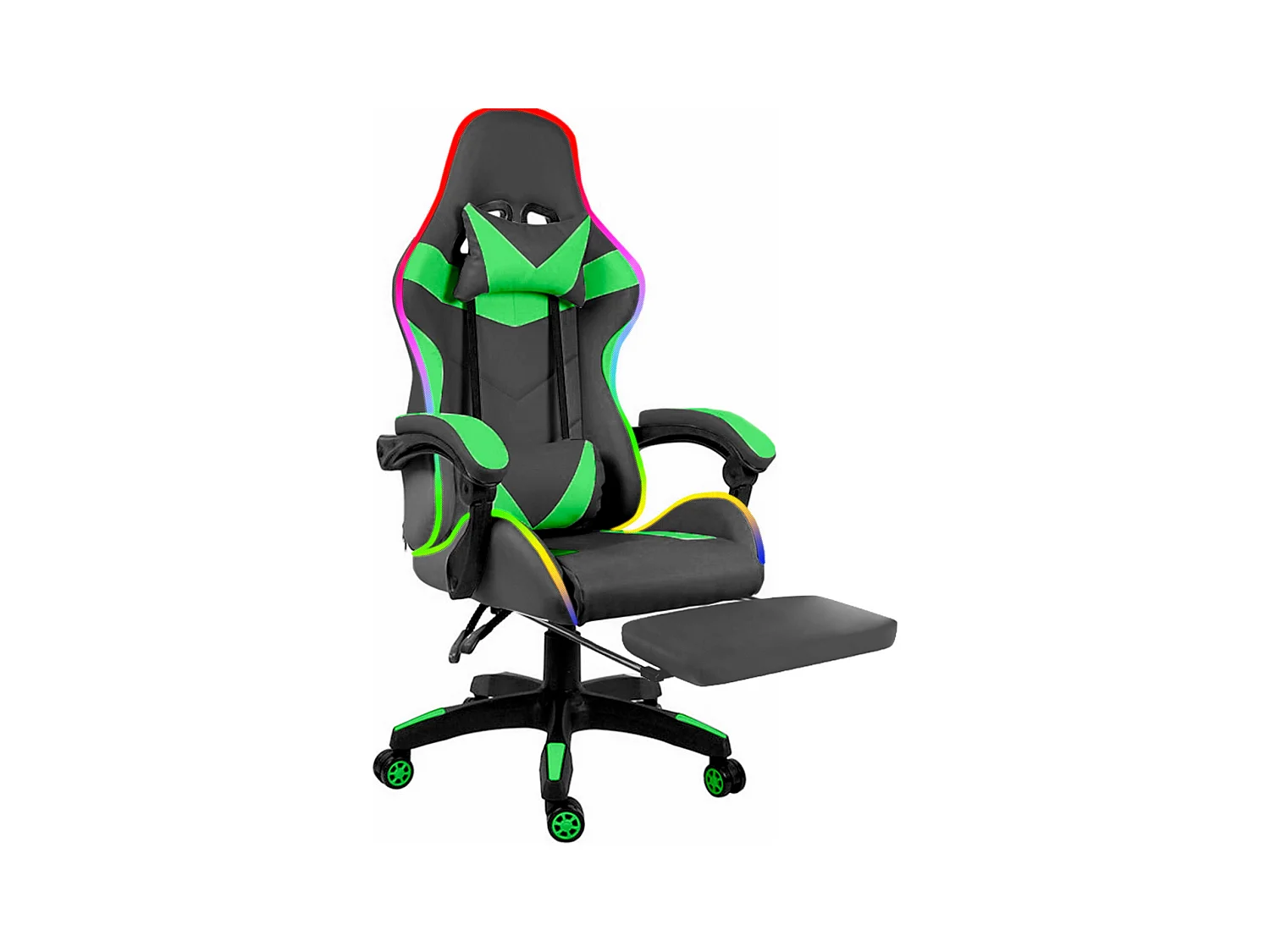 Sedia Gaming Con LED RGB Telecomando Poltrona Ufficio Scrivania Casa PC Racing Girevole Ergonomica Ecopelle Cuscino Lombare Poggiapiedi Nero Verde