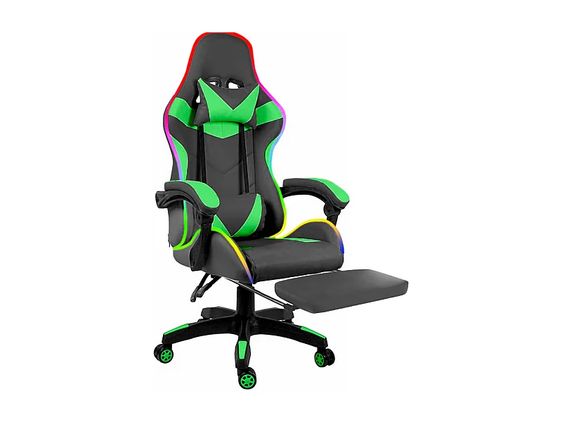 Sedia Gaming Con LED RGB Telecomando Poltrona Ufficio Scrivania Casa PC Racing Girevole Ergonomica Ecopelle Cuscino Lombare Poggiapiedi Nero Verde