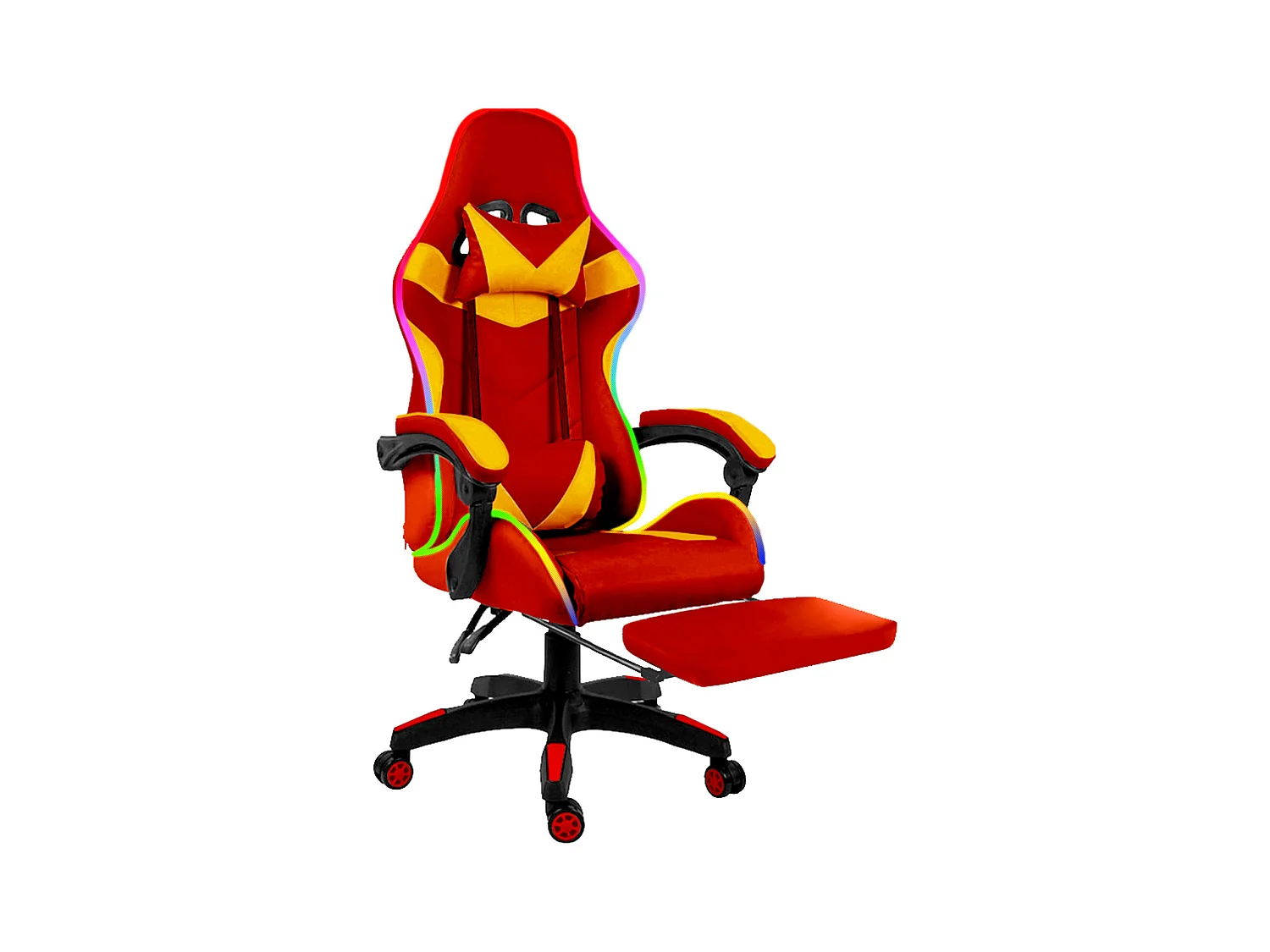 Sedia Gaming Con LED RGB Telecomando Poltrona Ufficio Scrivania Casa PC Racing Girevole Ergonomica Ecopelle Cuscino Lombare Poggiapiedi Rosso Giallo