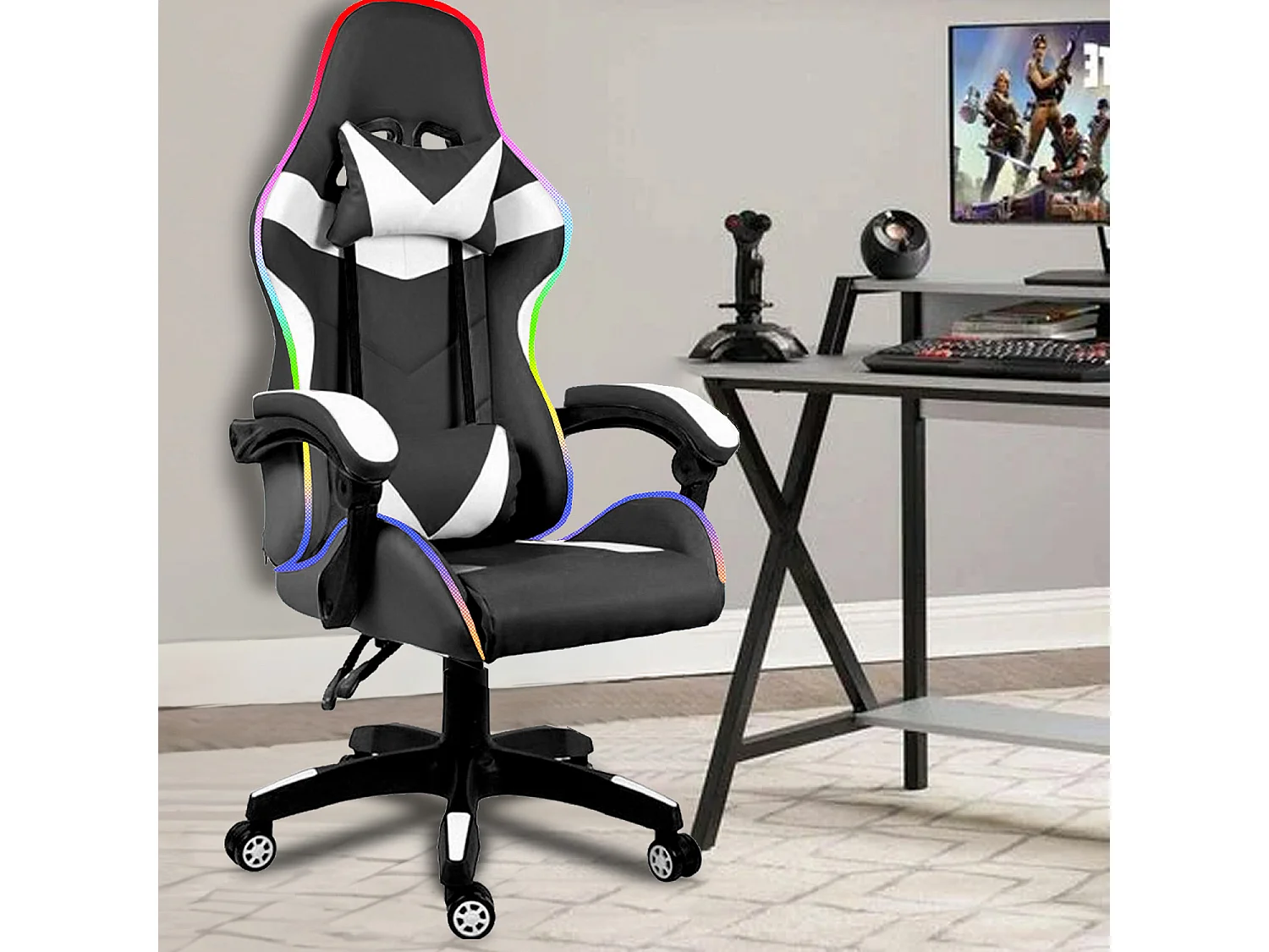 Sedia Gaming Con LED RGB Telecomando Poltrona Ufficio Scrivania Casa PC Racing Girevole Ergonomica Ecopelle Cuscino Lombare Poggiapiedi Nero Bianco