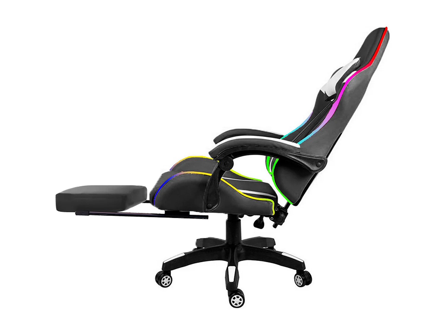 Sedia Gaming Con LED RGB Telecomando Poltrona Ufficio Scrivania Casa PC Racing Girevole Ergonomica Ecopelle Cuscino Lombare Poggiapiedi Nero Bianco