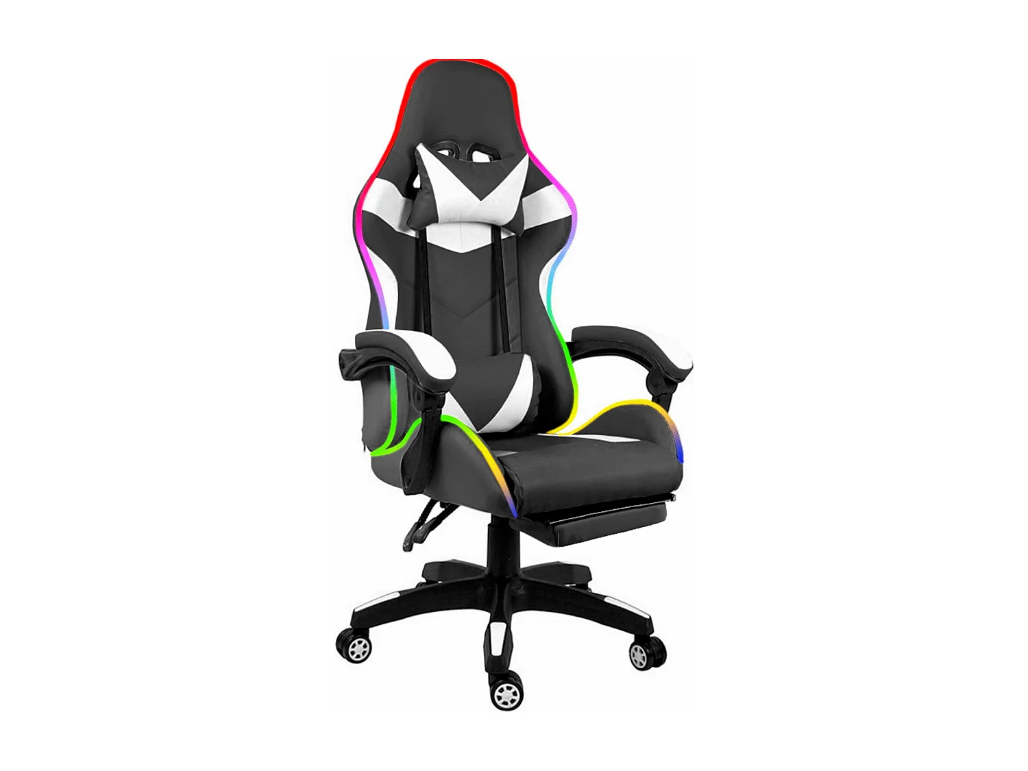 Sedia Gaming Con LED RGB Telecomando Poltrona Ufficio Scrivania Casa PC Racing Girevole Ergonomica Ecopelle Cuscino Lombare Poggiapiedi Nero Bianco