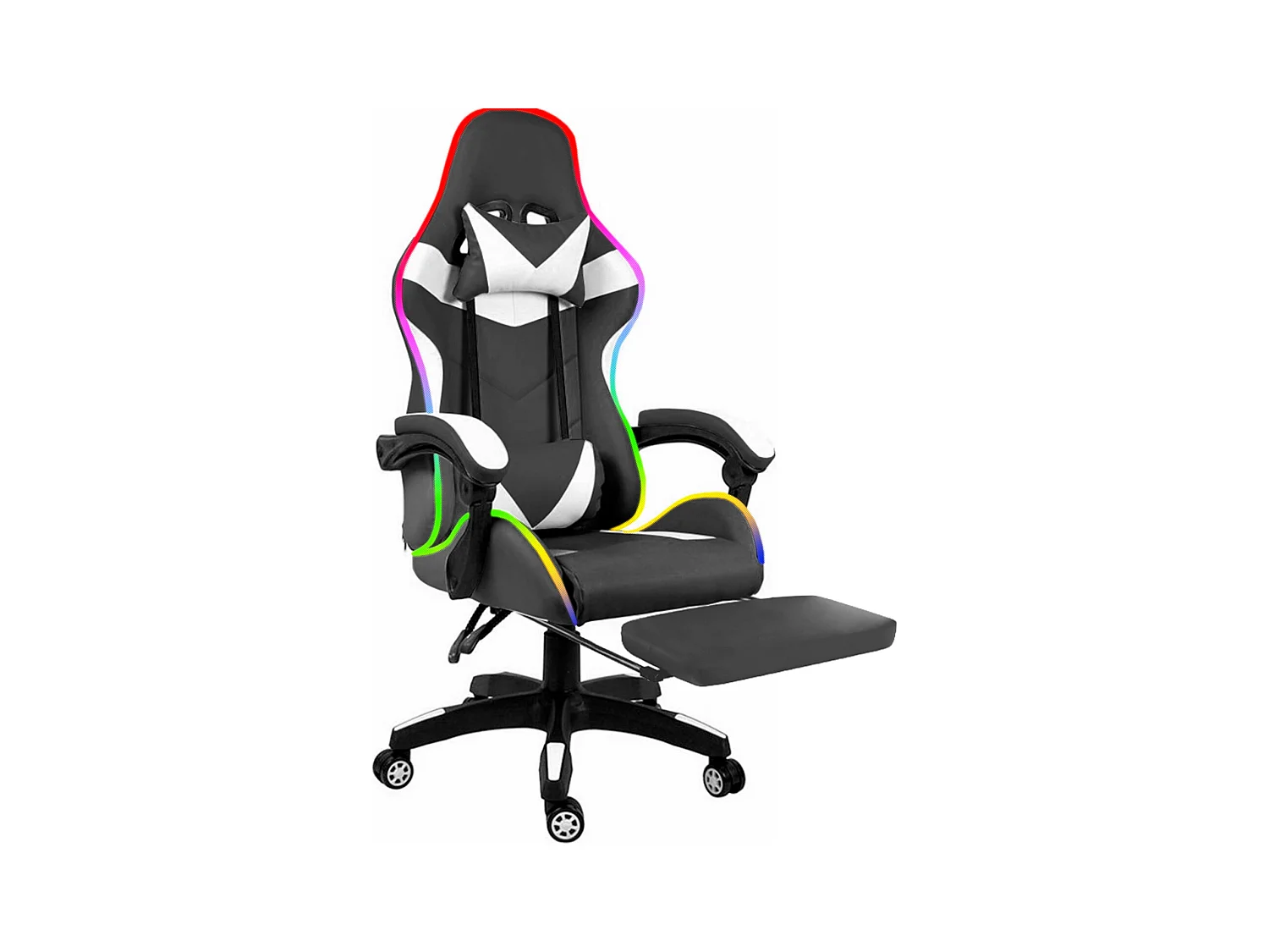 Sedia Gaming Con LED RGB Telecomando Poltrona Ufficio Scrivania Casa PC Racing Girevole Ergonomica Ecopelle Cuscino Lombare Poggiapiedi Nero Bianco