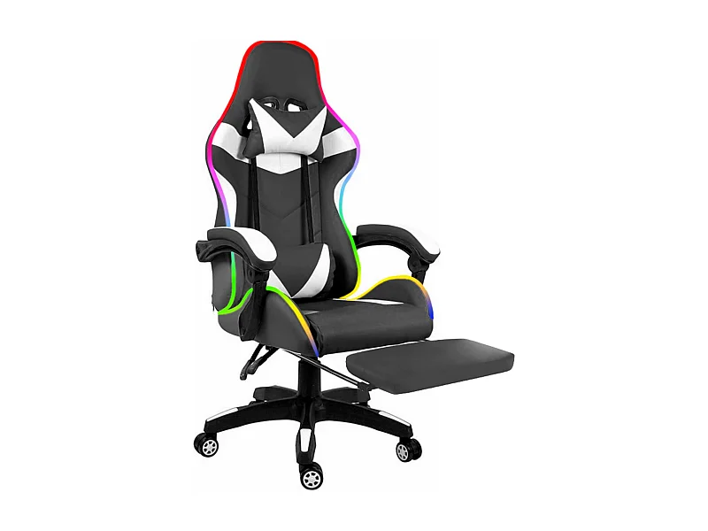 Sedia Gaming Con LED RGB Telecomando Poltrona Ufficio Scrivania Casa PC Racing Girevole Ergonomica Ecopelle Cuscino Lombare Poggiapiedi Nero Bianco