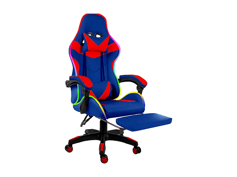 Sedia Gaming Con LED RGB Telecomando Poltrona Ufficio Scrivania Casa PC Racing Girevole Ergonomica Ecopelle Cuscino Lombare Poggiapiedi Blu e Rosso