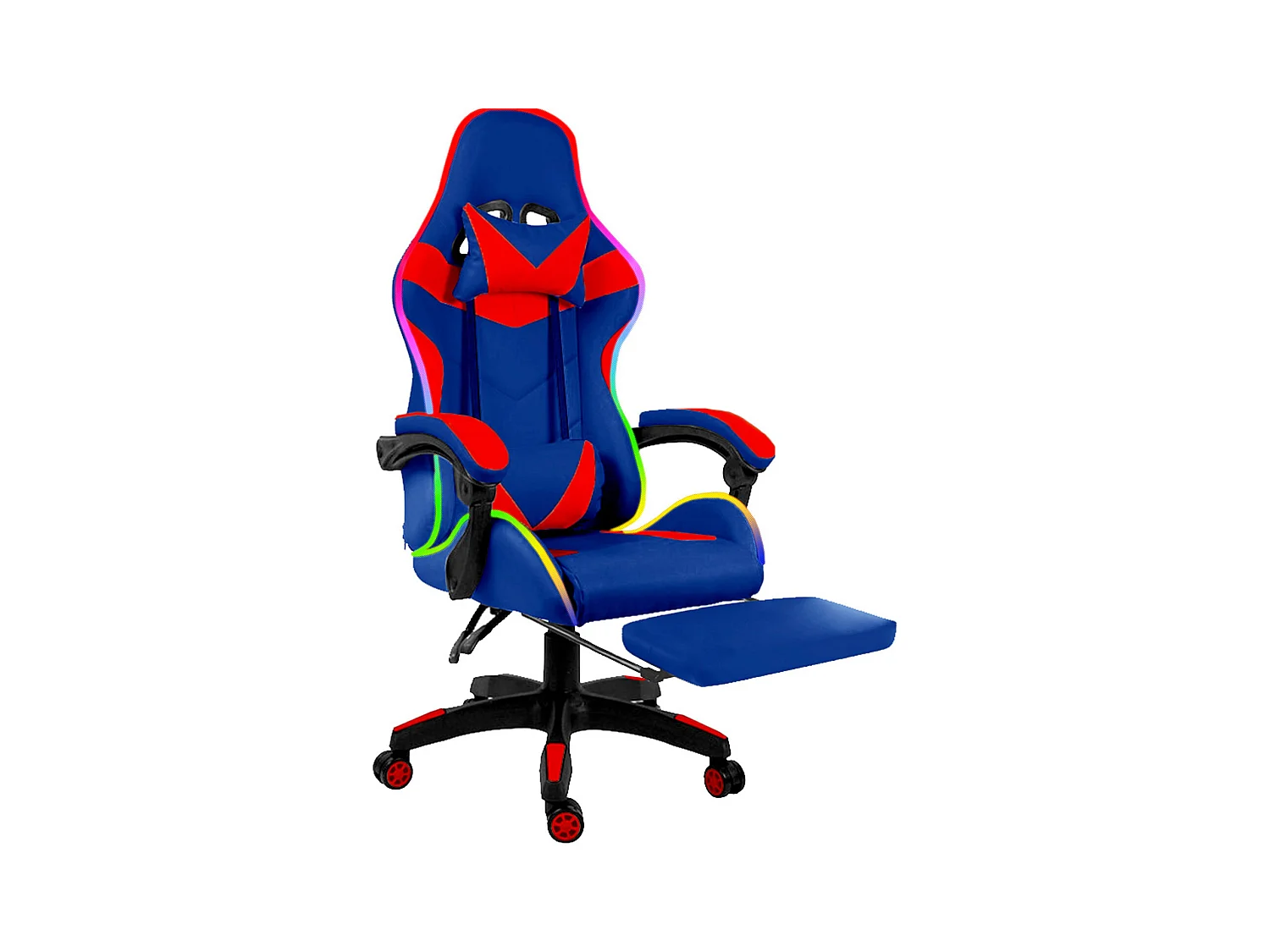 Sedia Gaming Con LED RGB Telecomando Poltrona Ufficio Scrivania Casa PC Racing Girevole Ergonomica Ecopelle Cuscino Lombare Poggiapiedi Blu e Rosso