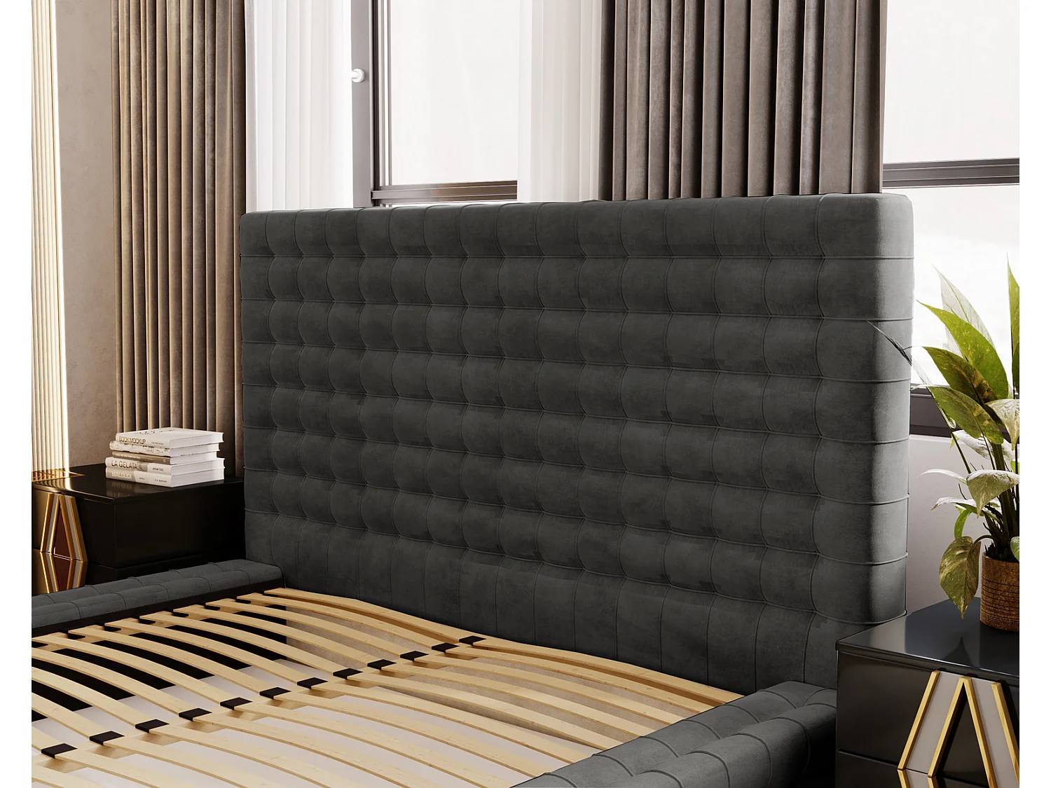 Emporius Arno lit capitonné 140x200 - lit avec rangement, sommier à lattes, lit adulte 140x200 velours Gris foncé (Elegance 18)