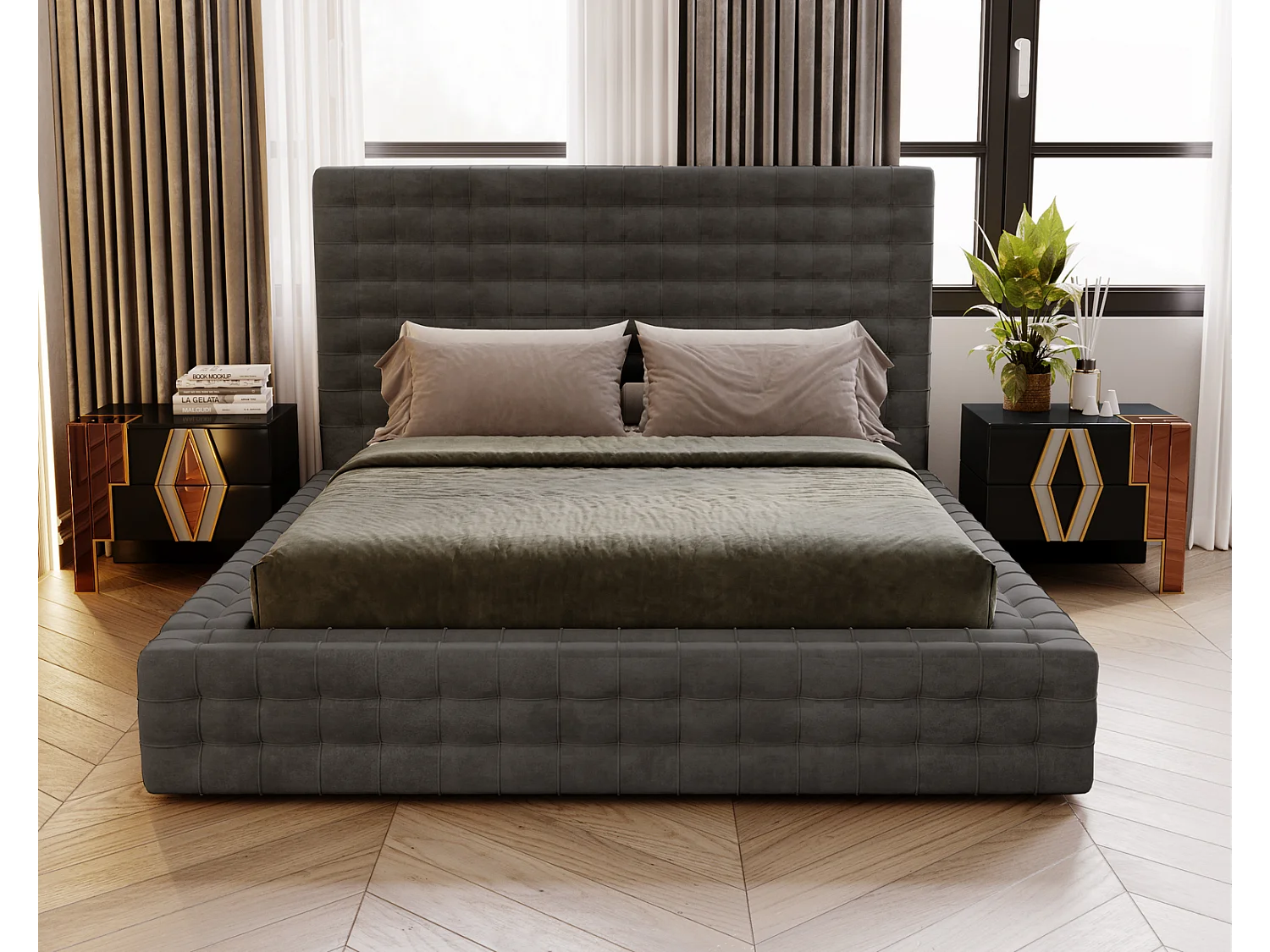 Emporius Arno gestoffeerd bed 140 x 200 cm - bed met opbergruimte en bedlade, fluwelen - bed 140x200 Donkergrijs (Elegance 18)