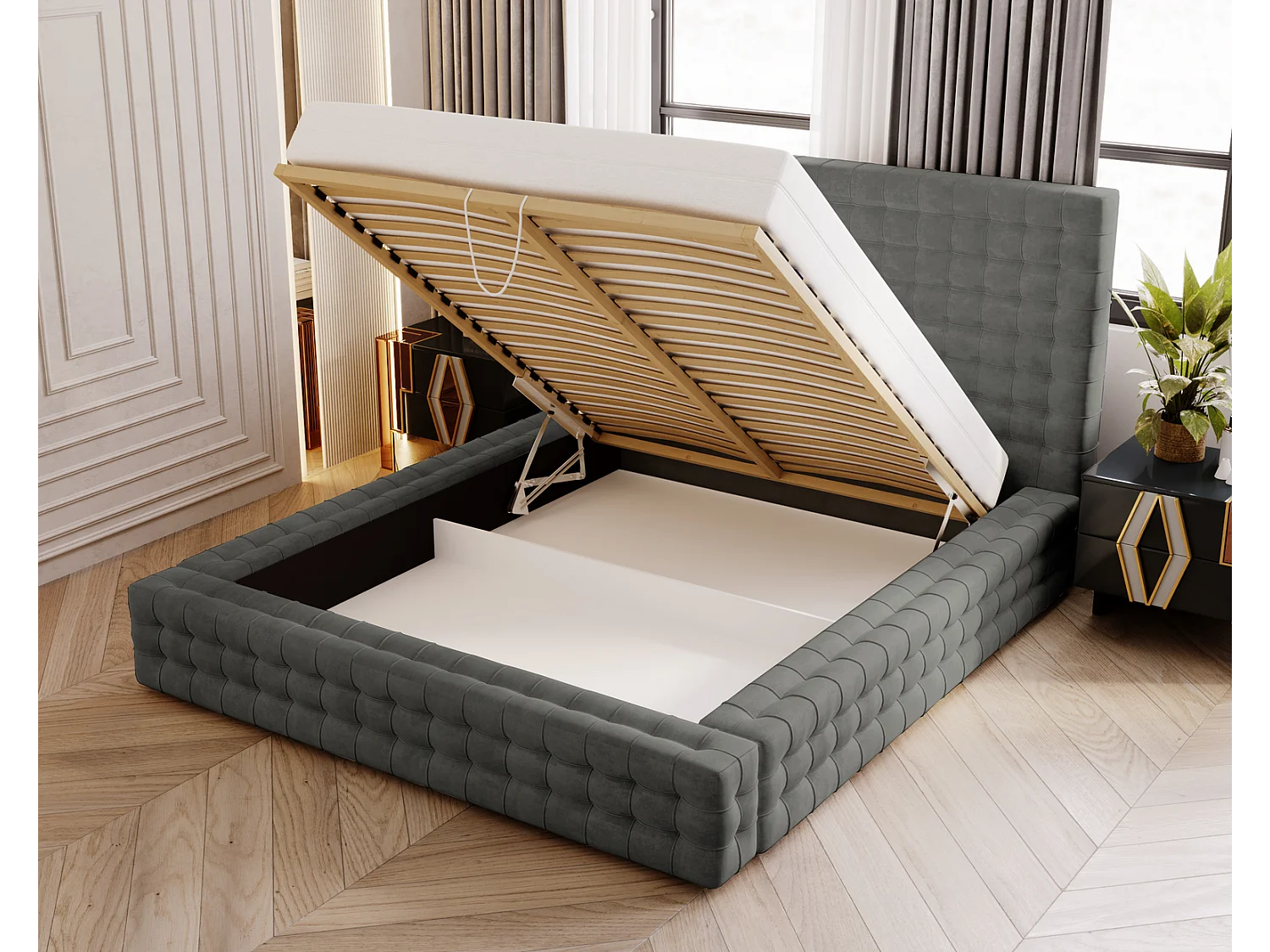 Emporius Arno gestoffeerd bed 140 x 200 cm - bed met opbergruimte en bedlade, fluwelen - bed 140x200 Donkergrijs (Elegance 18)