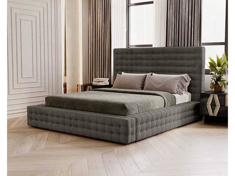 Emporius Arno lit capitonné 140x200 - lit avec rangement, sommier à lattes, lit adulte 140x200 velours Gris foncé (Elegance 18)