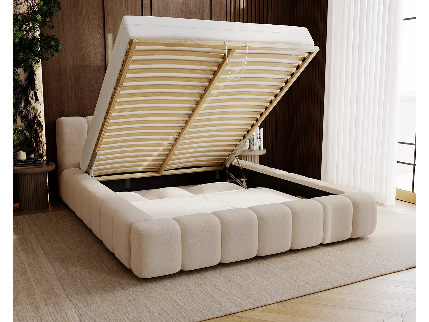 Emporius Bolonia gestoffeerd bed 160 x 200 - bed 160x200 cm, bed met opbergruimte en bedlade - Beige (Komodo 11)