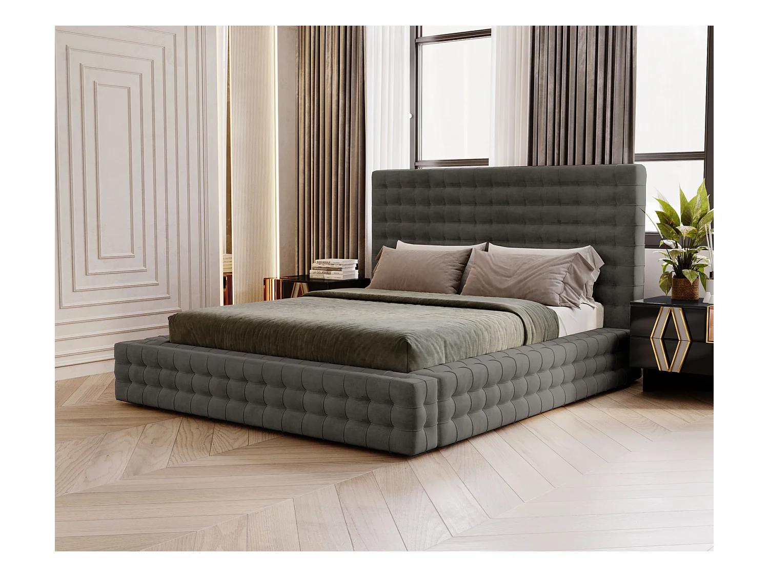 Emporius Arno lit capitonné 160x200 - lit avec rangement, sommier à lattes, lit adulte 160x200 velours Gris foncé (Elegance 18)