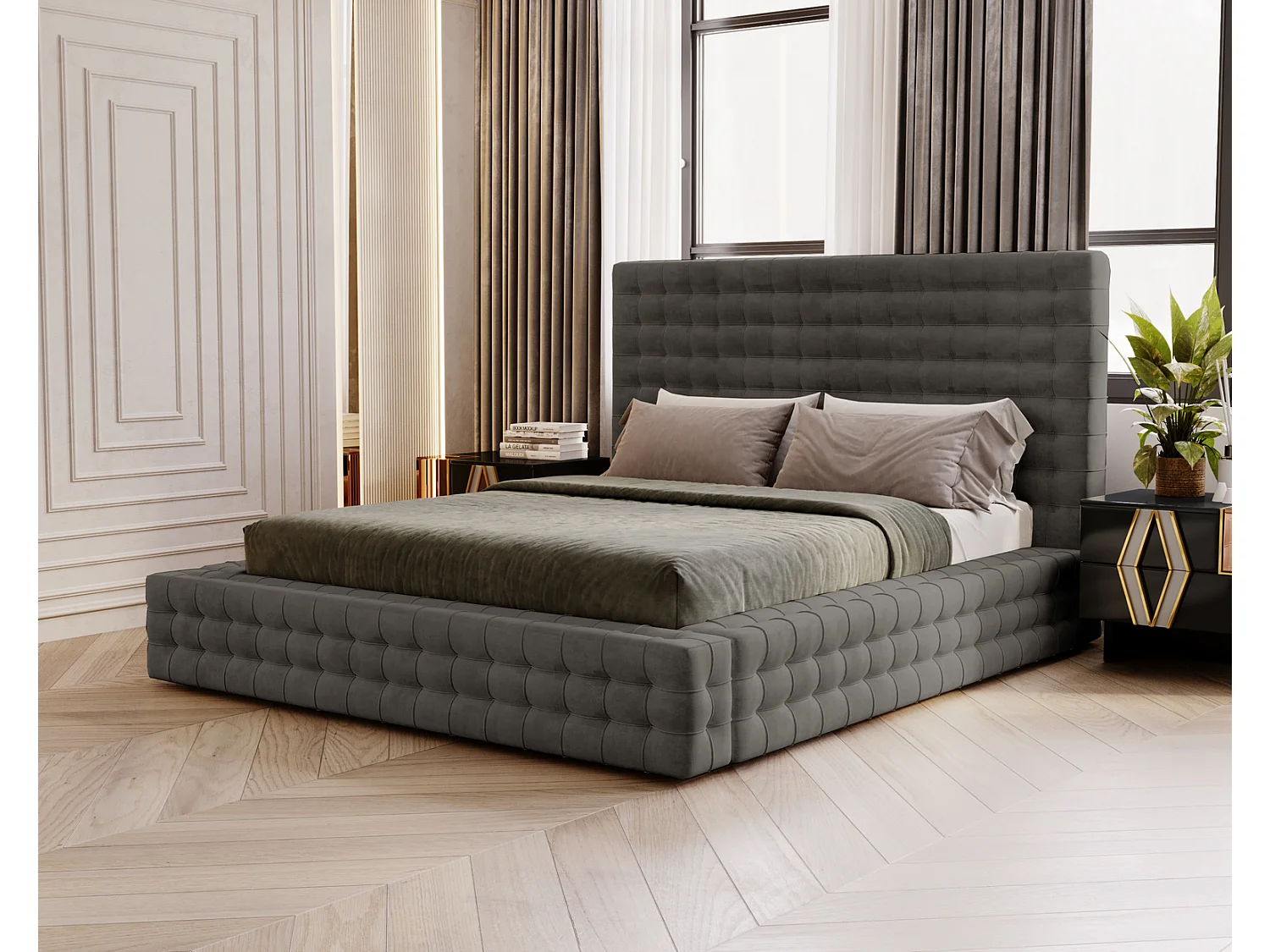 Emporius Arno lit capitonné 160x200 - lit avec rangement, sommier à lattes, lit adulte 160x200 velours Gris foncé (Elegance 18)