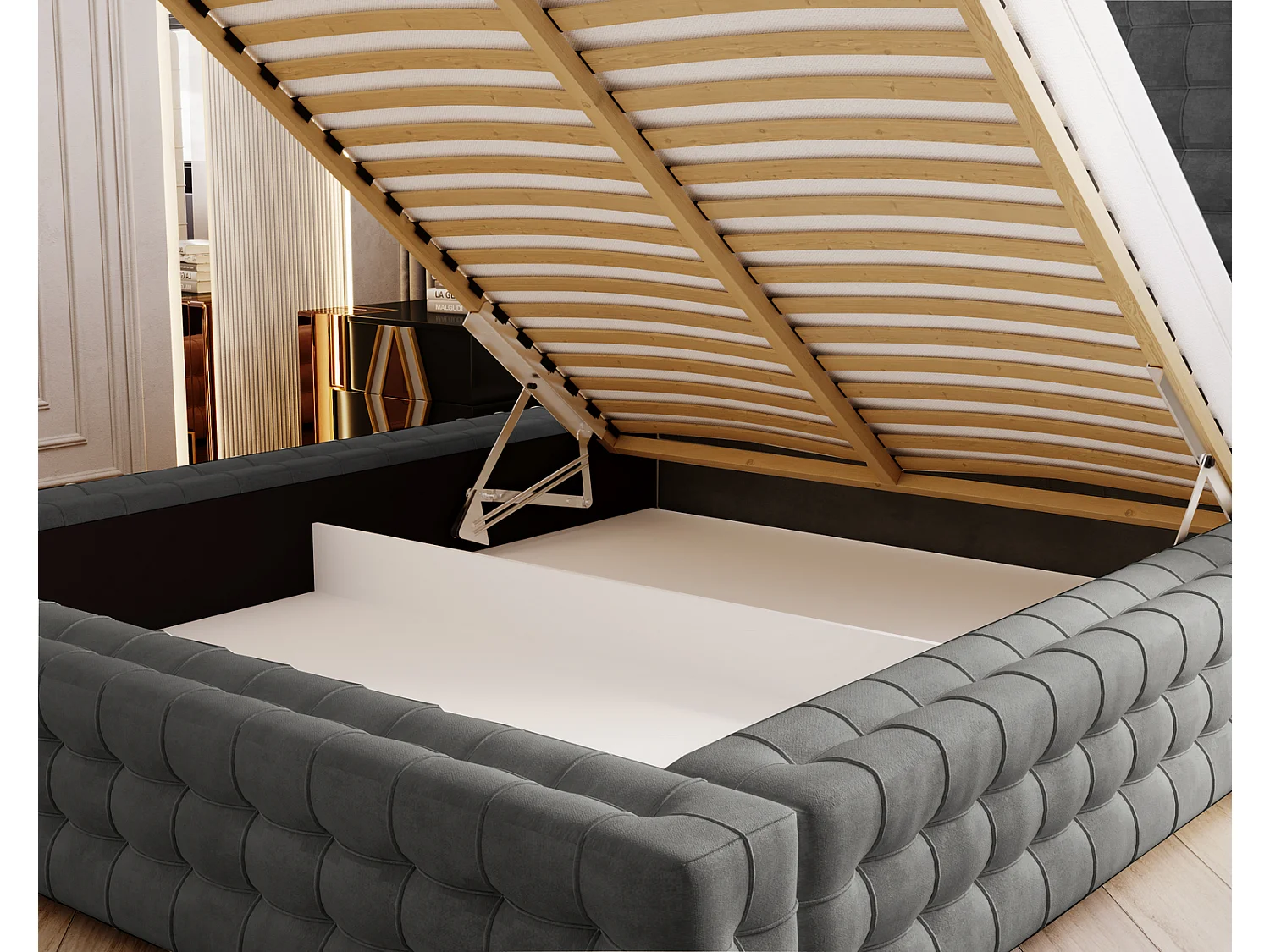 Emporius Arno lit capitonné 160x200 - lit avec rangement, sommier à lattes, lit adulte 160x200 velours Gris foncé (Elegance 18)