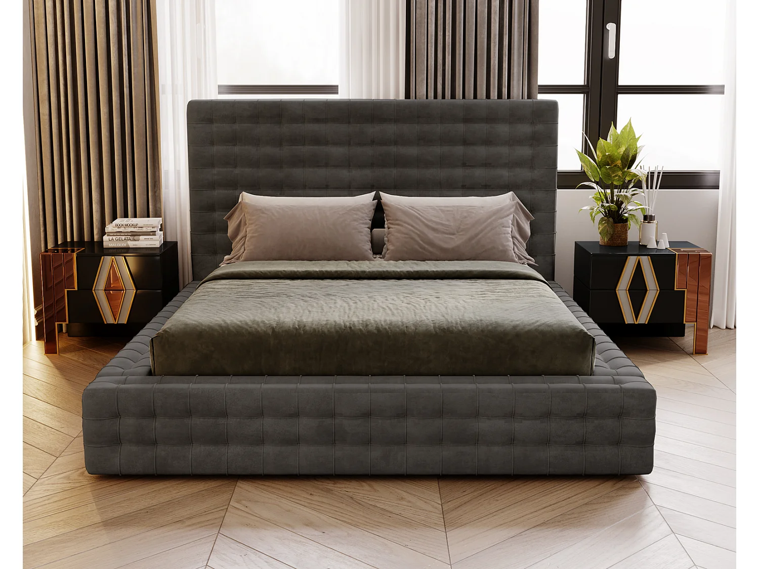 Emporius Arno lit capitonné 160x200 - lit avec rangement, sommier à lattes, lit adulte 160x200 velours Gris foncé (Elegance 18)