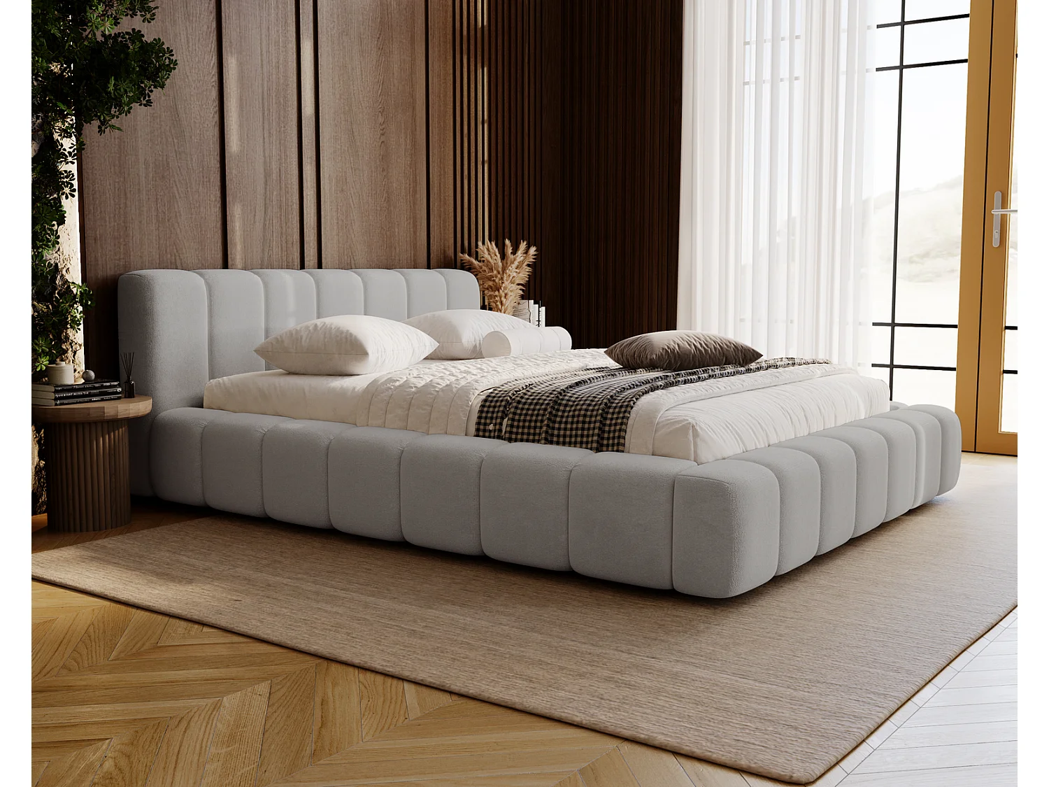 Emporius Bolonia lit adulte 140x200 cm - lit double 140x200 avec rangement, sommier à lattes - Gris clair (Komodo 20)