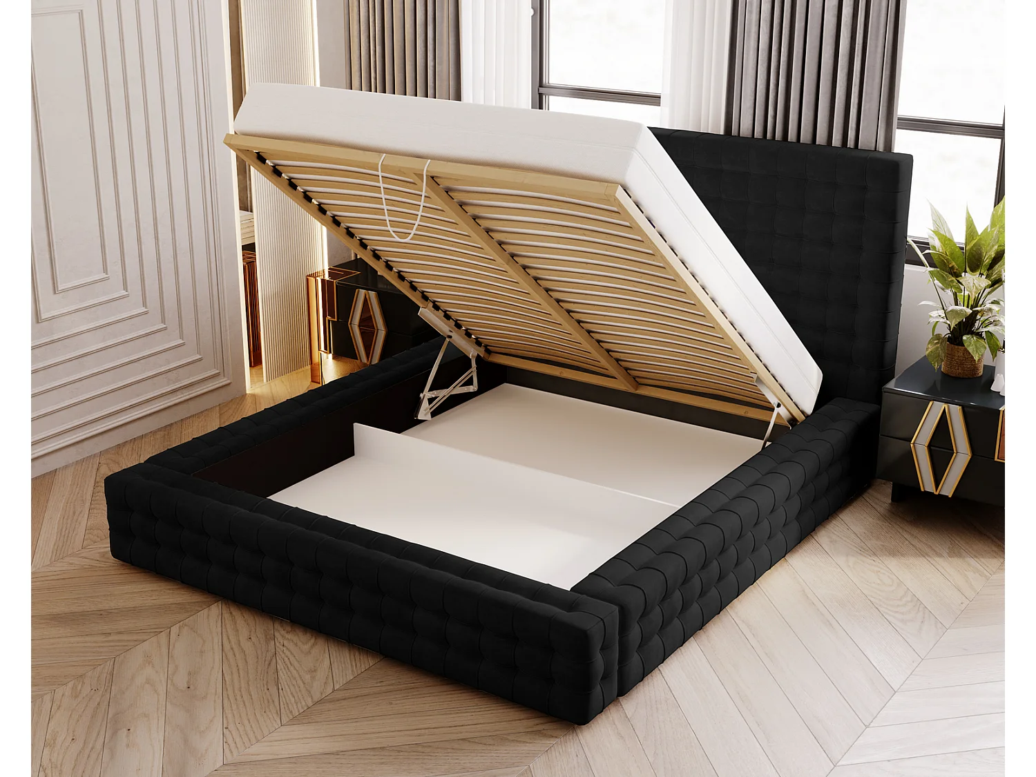 Emporius Arno lit capitonné 160x200 - lit avec rangement, sommier à lattes, lit adulte 160x200 velours Noir (Elegance 21)