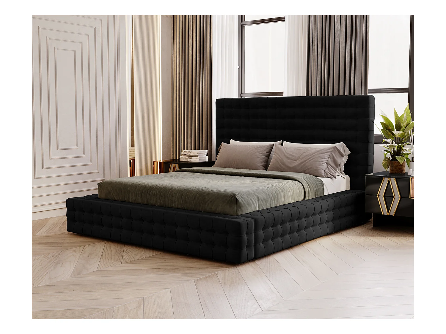 Emporius Arno lit capitonné 160x200 - lit avec rangement, sommier à lattes, lit adulte 160x200 velours Noir (Elegance 21)