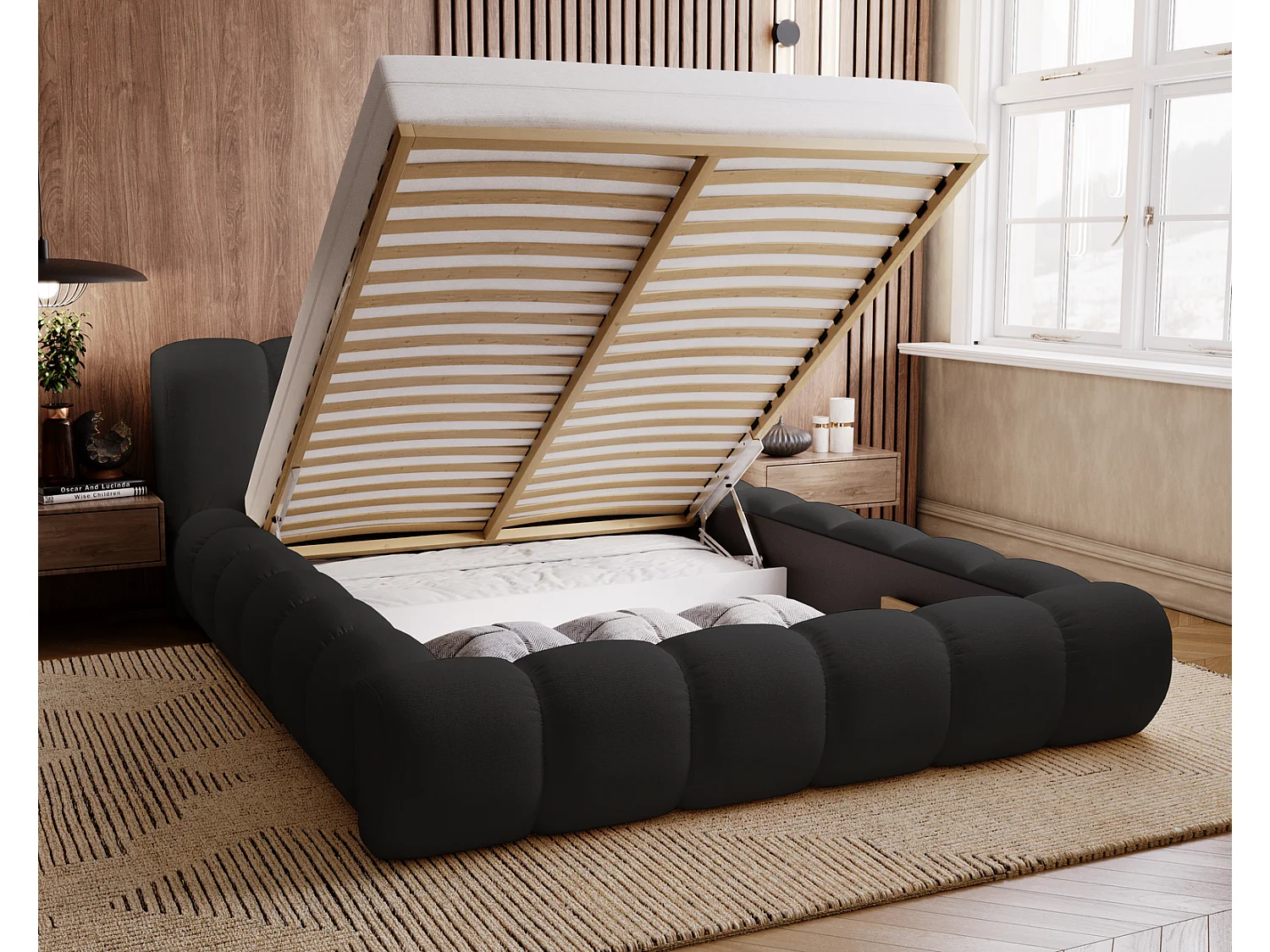 Emporius Cloud lit adulte 180x200 cm - lit capitonné, lit 180x200 avec rangement, velours Noir (Komodo 23)