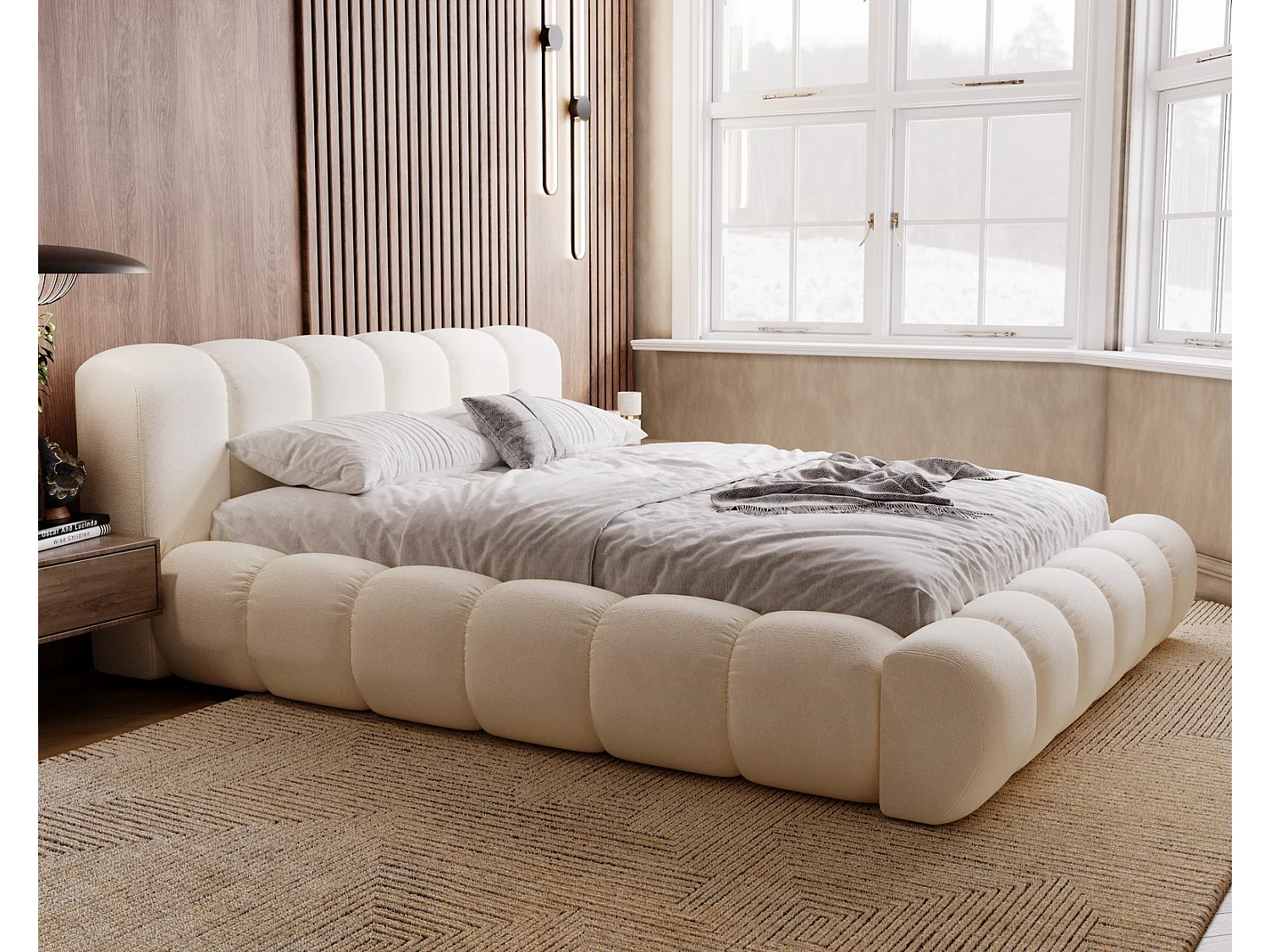 Emporius Cloud lit adulte 180x200 cm - lit capitonné, lit 180x200 avec rangement, velours Crème (Komodo 10)