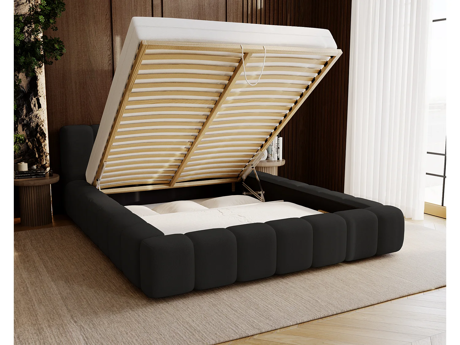 Emporius Bolonia lit adulte 180x200 cm - lit double 180x200 avec rangement, sommier à lattes - Zwart (Komodo 23)