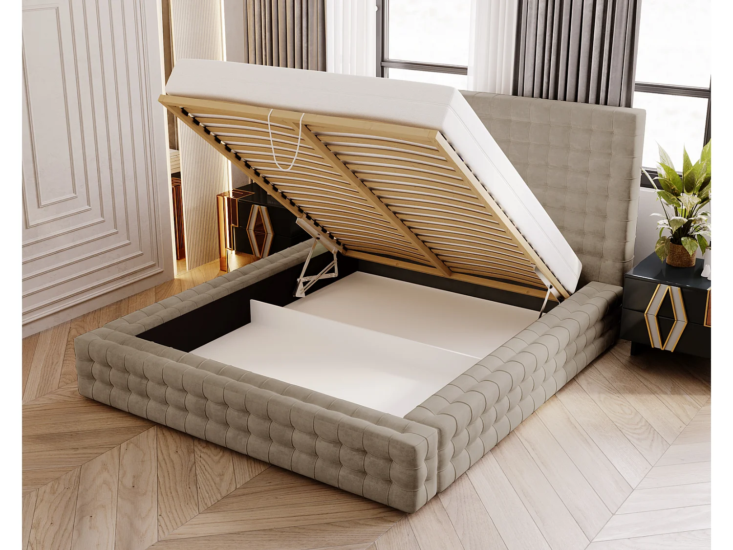 Emporius Arno lit capitonné 140x200 - lit avec rangement, sommier à lattes, lit adulte 140x200 velours Brun (Elegance 5)