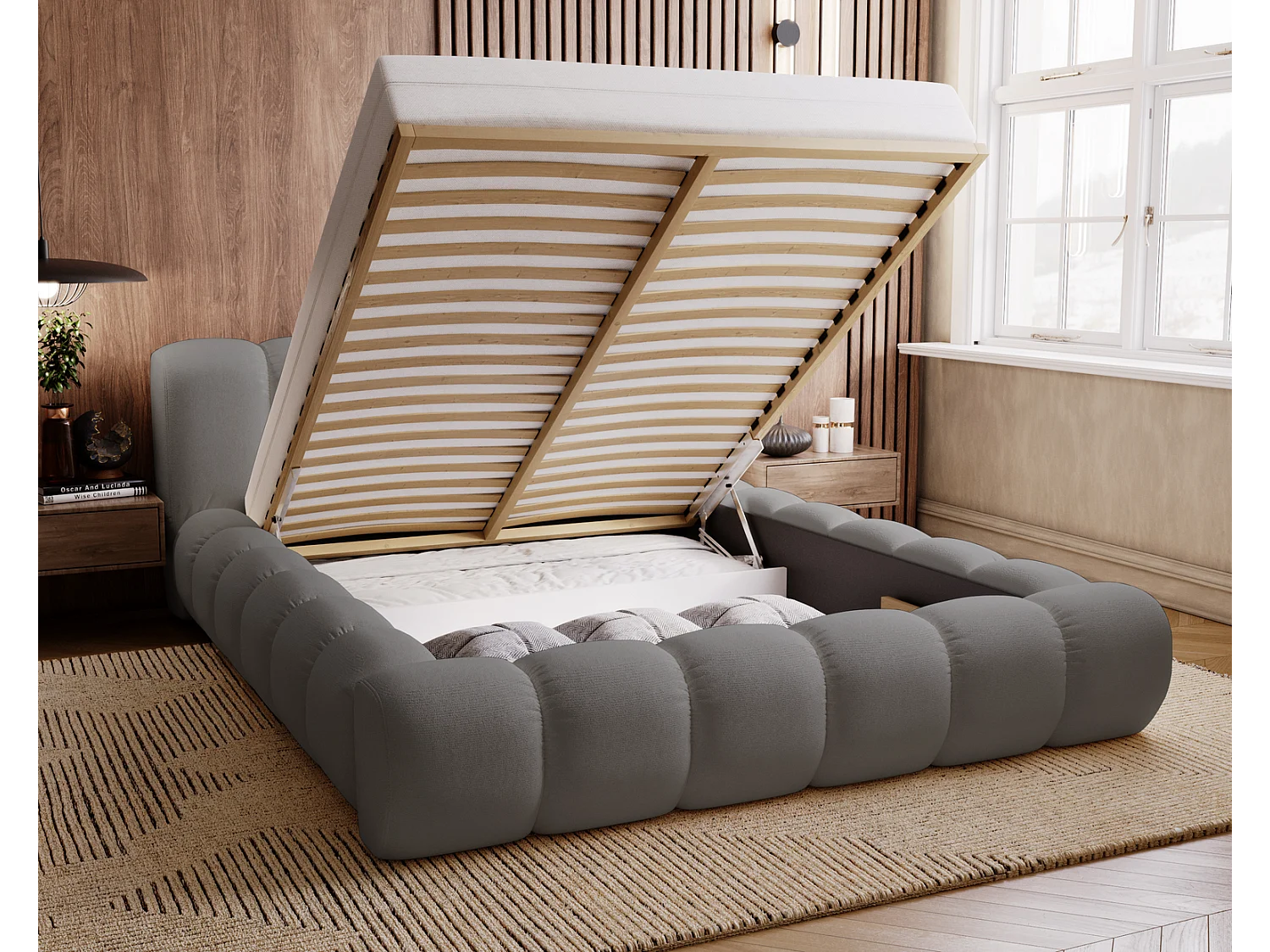 Emporius Cloud bed 180x200 met bedlade - gestoffeerd bed met opbergruimte, fluwelen Grijs (Komodo 21)