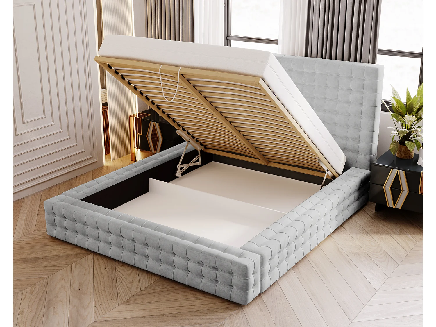 Emporius Arno lit capitonné 180x200 - lit avec rangement, sommier à lattes, lit adulte 180x200 velours Argent (Elegance 13)