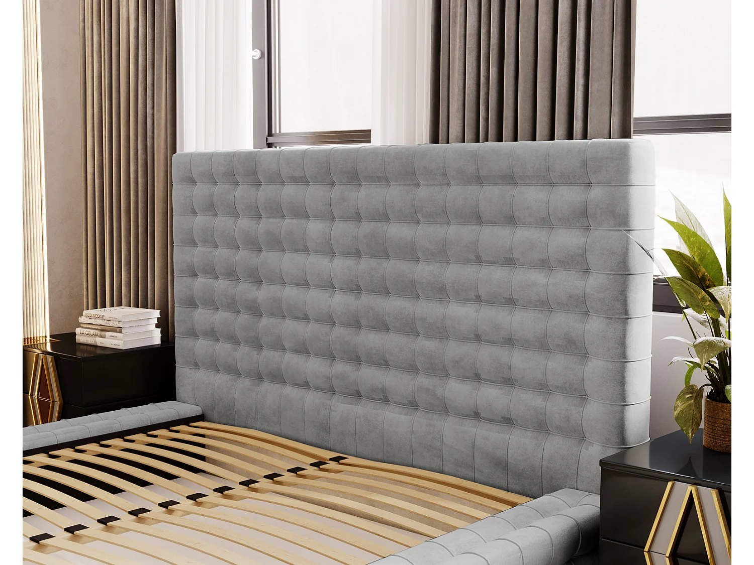 Emporius Arno lit capitonné 180x200 - lit avec rangement, sommier à lattes, lit adulte 180x200 velours Argent (Elegance 13)