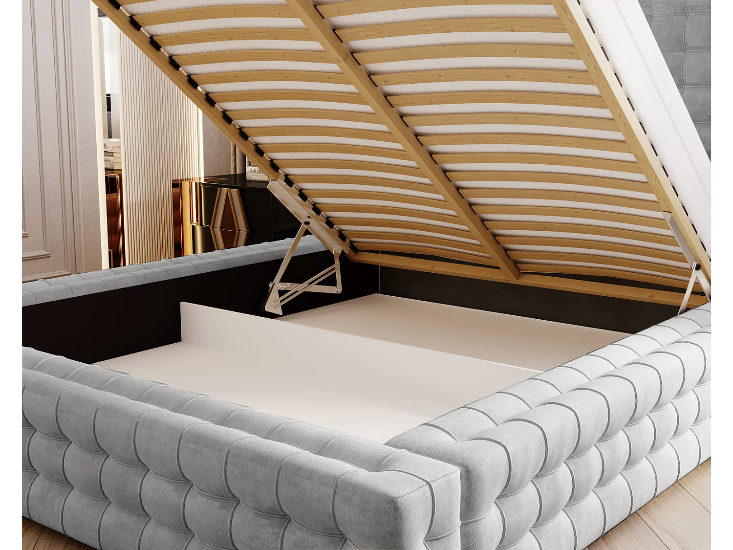 Emporius Arno lit capitonné 180x200 - lit avec rangement, sommier à lattes, lit adulte 180x200 velours Argent (Elegance 13)