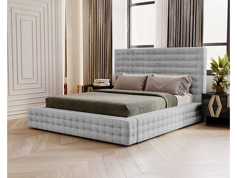 Emporius Arno lit capitonné 180x200 - lit avec rangement, sommier à lattes, lit adulte 180x200 velours Argent (Elegance 13)