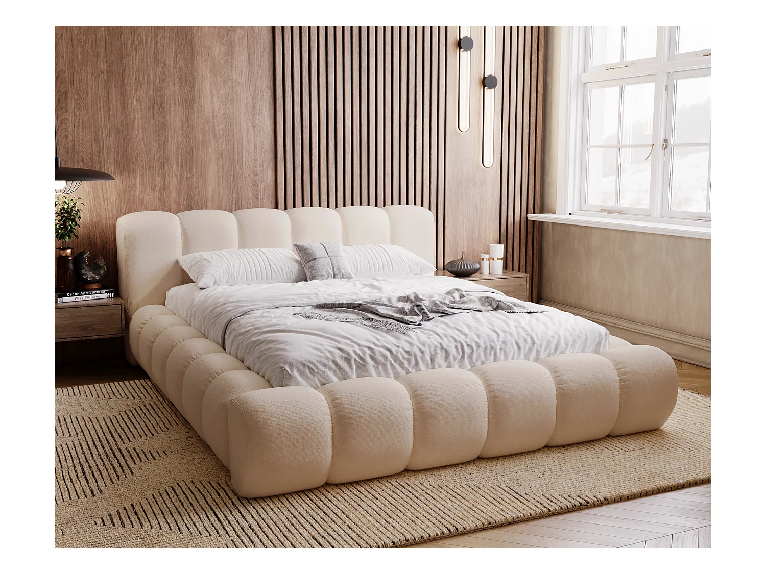 Emporius Cloud lit adulte 140x200 cm - lit capitonné, lit 140x200 avec rangement, velours Beige (Komodo 11)