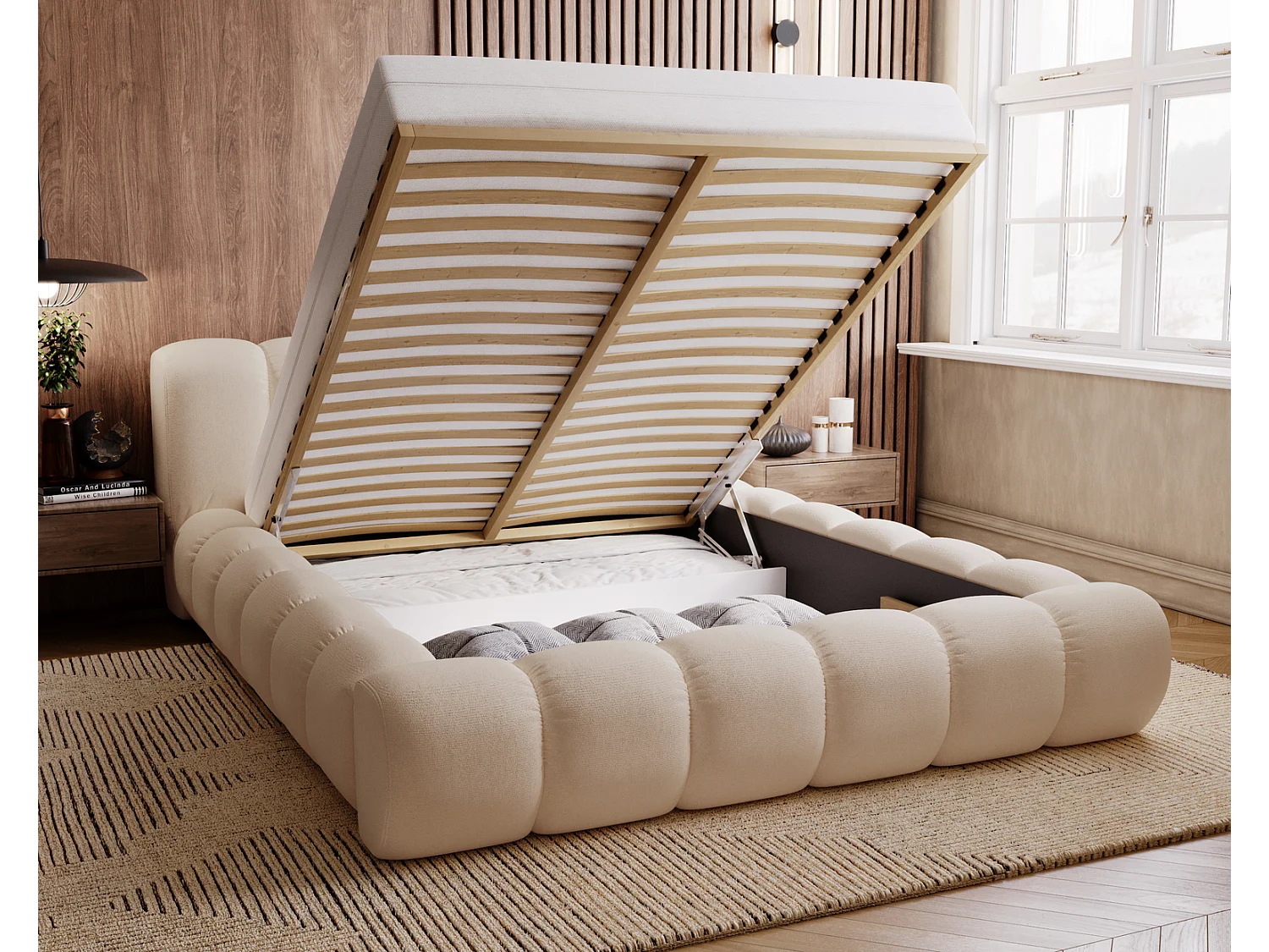 Emporius Cloud bed 140x200 met bedlade - gestoffeerd bed met opbergruimte, fluwelen Beige (Komodo 11)