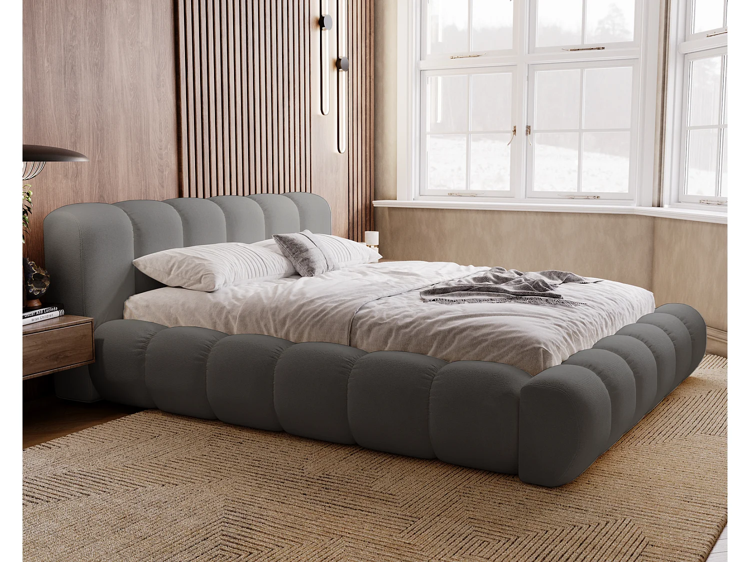 Emporius Cloud lit adulte 140x200 cm - lit capitonné, lit 140x200 avec rangement, velours Gris (Komodo 21)
