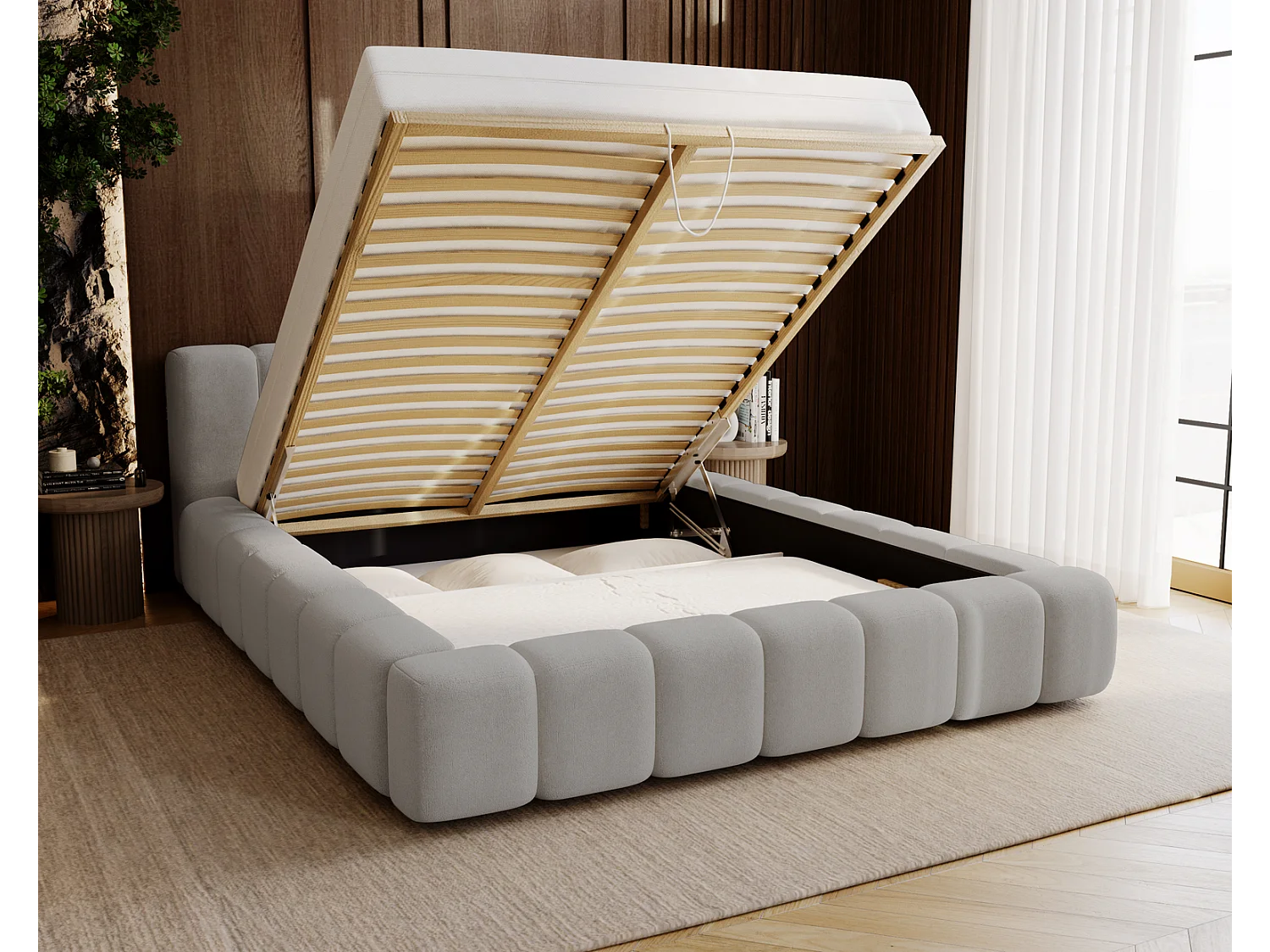 Emporius Bolonia lit adulte 180x200 cm - lit double 180x200 avec rangement, sommier à lattes - Gris clair (Komodo 20)